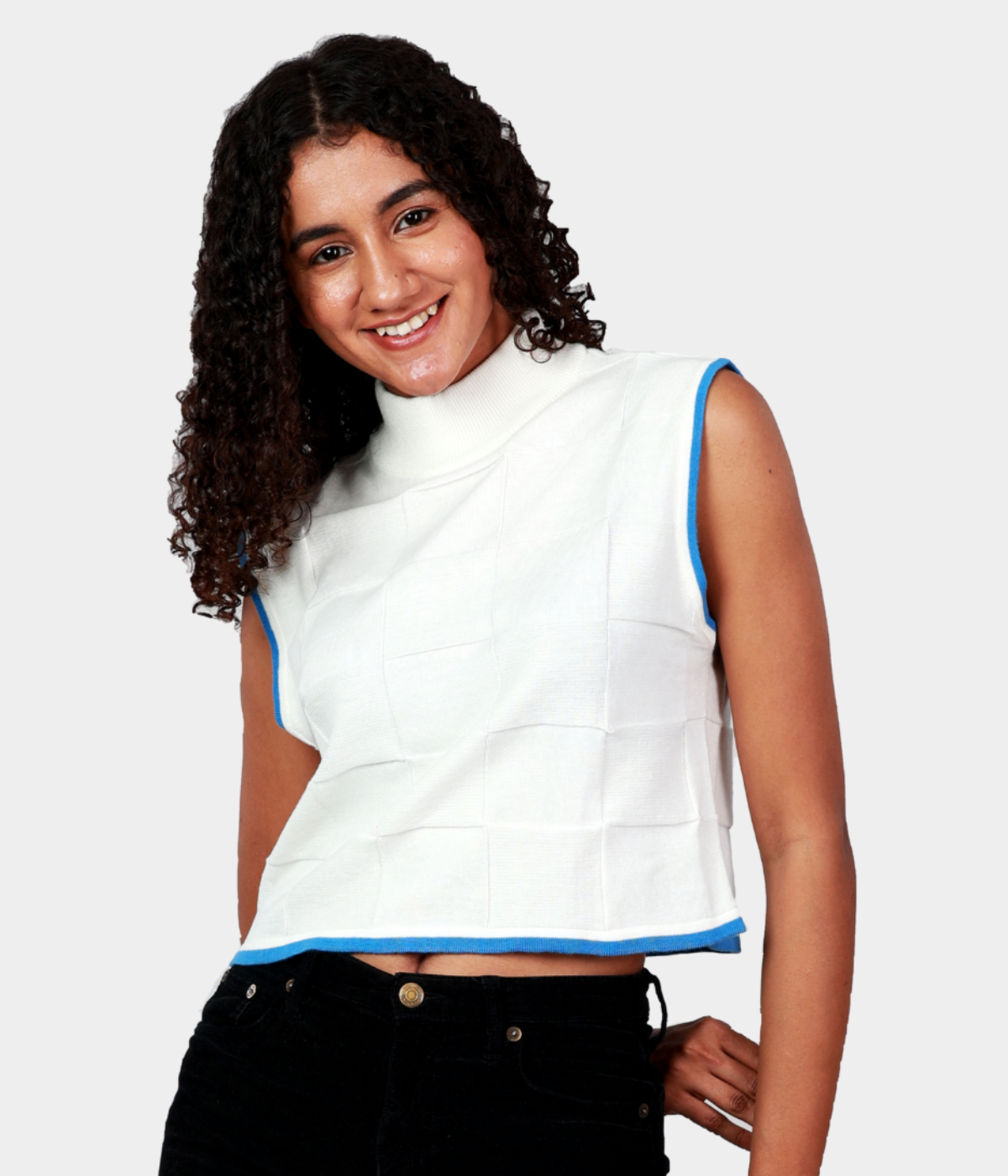 White with Light Blue Tipping High Neck Sleeveless Knitted