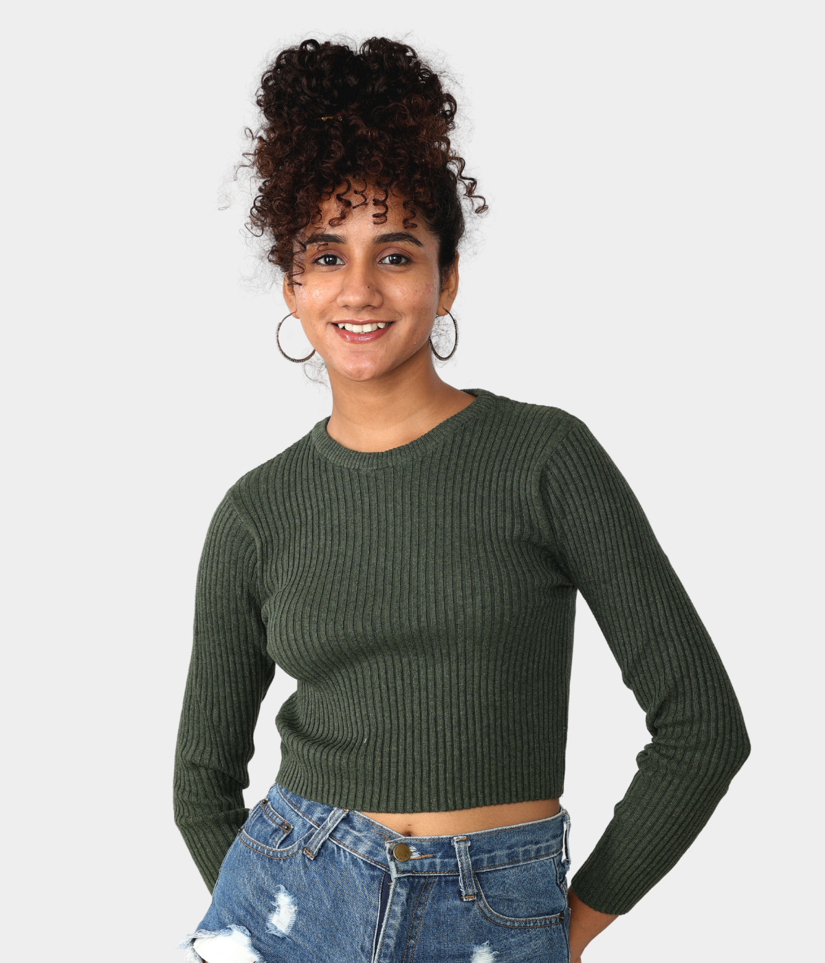 Olive Ribbed Full Sleeves Knitted T-Shirt