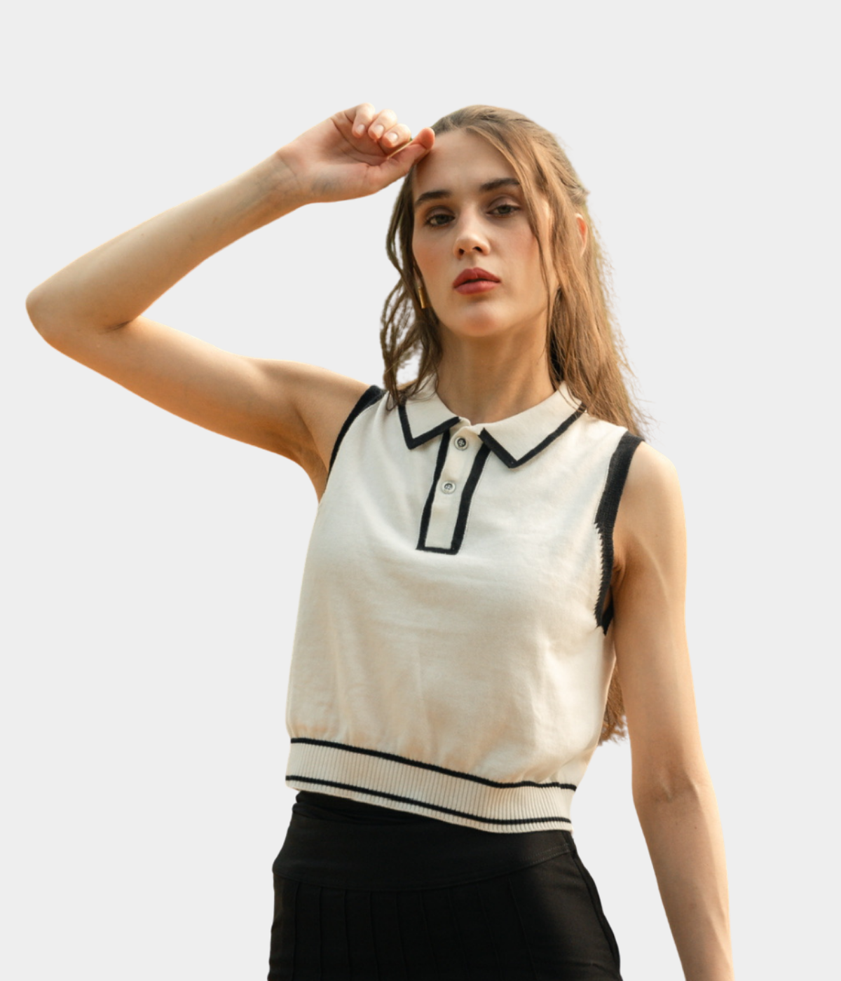 Off-White Sleeveless Polo Knitted Top