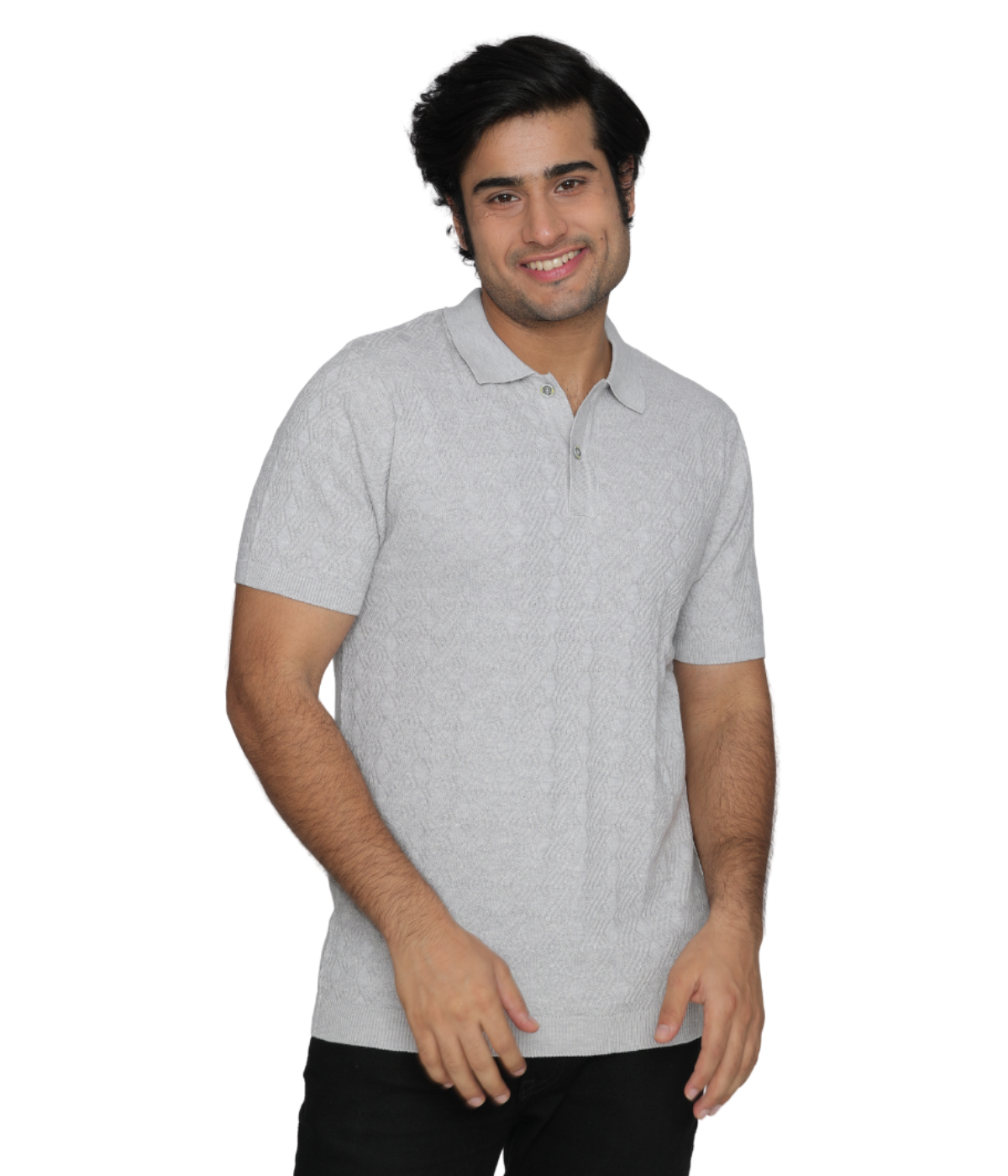 Grey Structured Cotton Polo Knitted T-Shirt