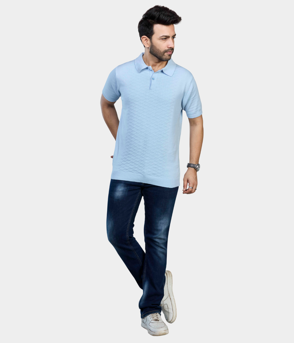 Sky Blue Textured Knitted Cotton Polo T-Shirt