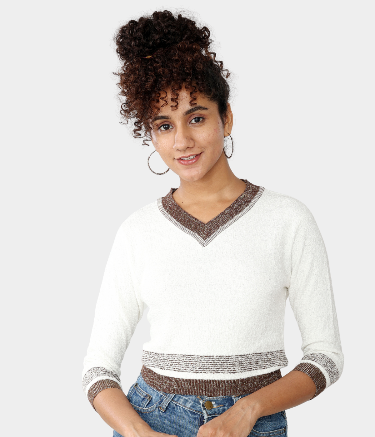 Off-White V-Neck Three-Fourth Sleeves Crop Top