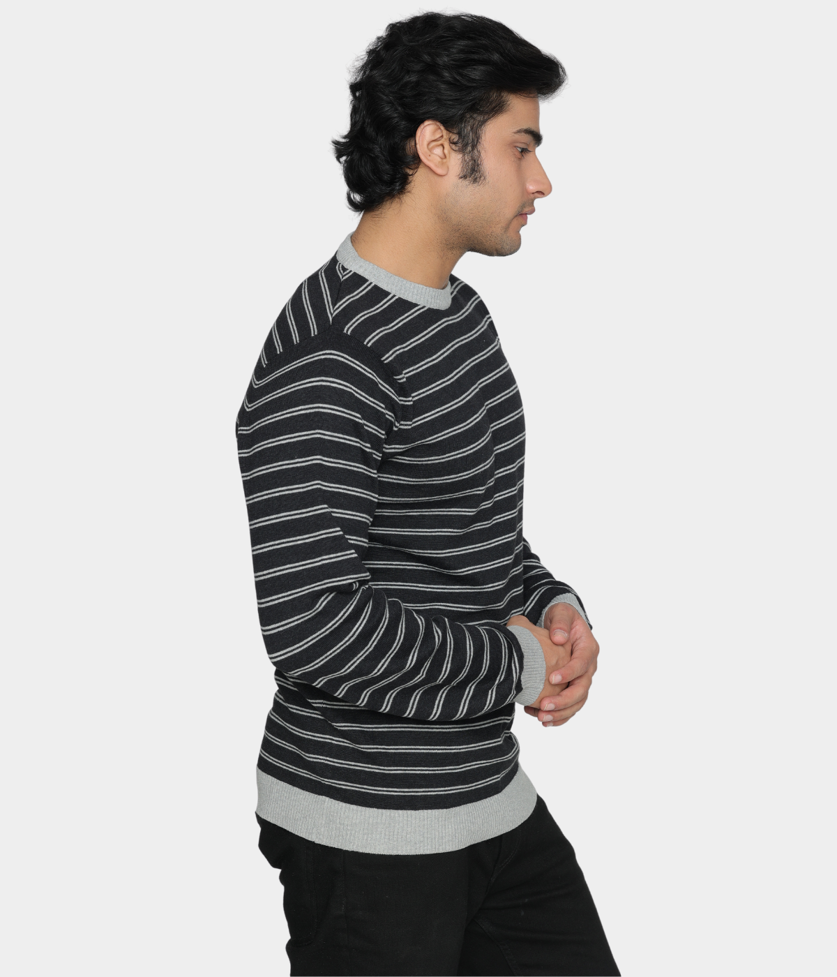 Black striped structured cotton knitted T-shirt
