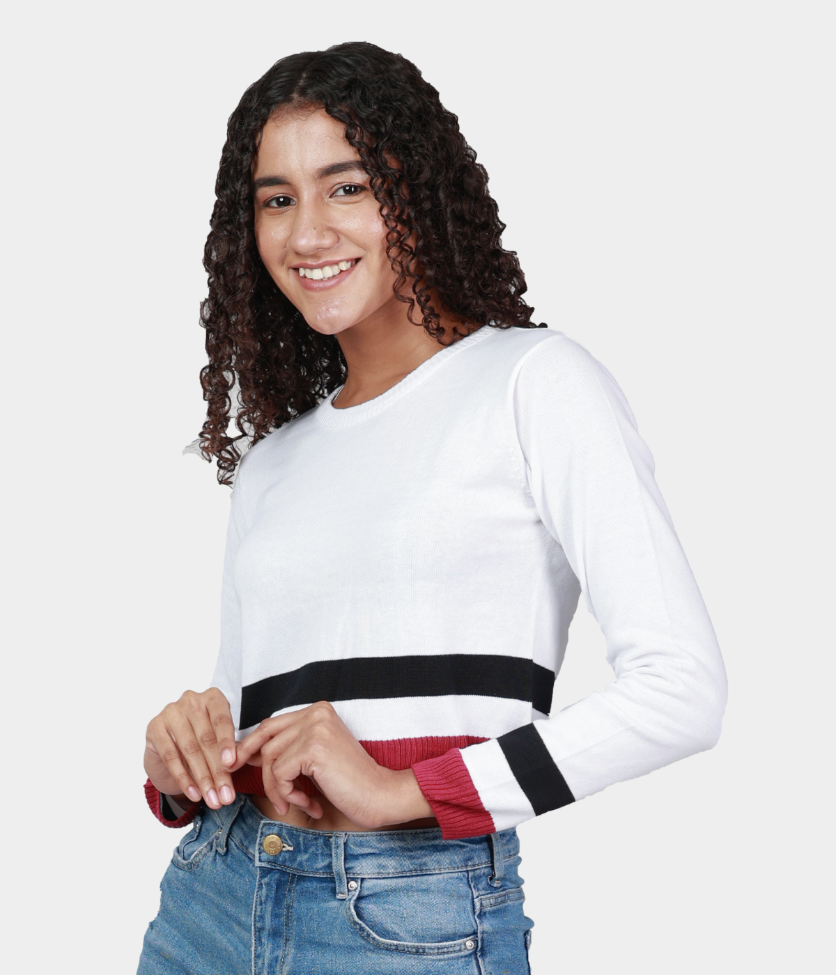 White Striped Structured Full Sleeves Knitted Top