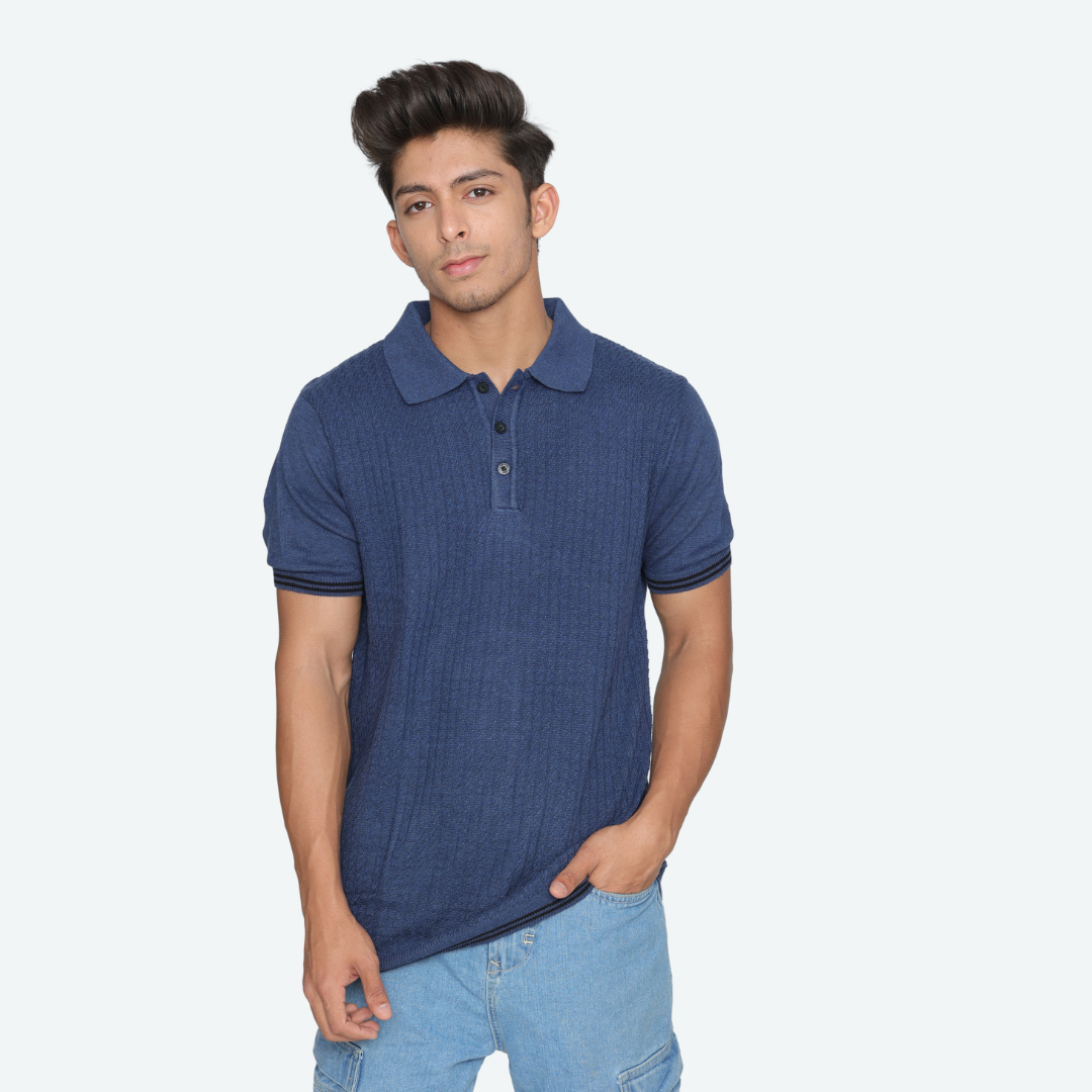 Navy Structured Cotton Polo Knitted T-Shirt