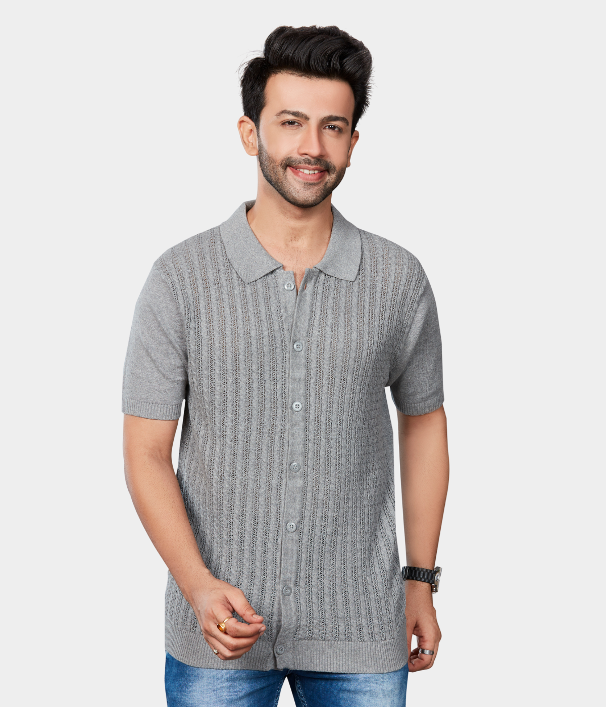 Grey Pointelle Knitted Cotton Shirt