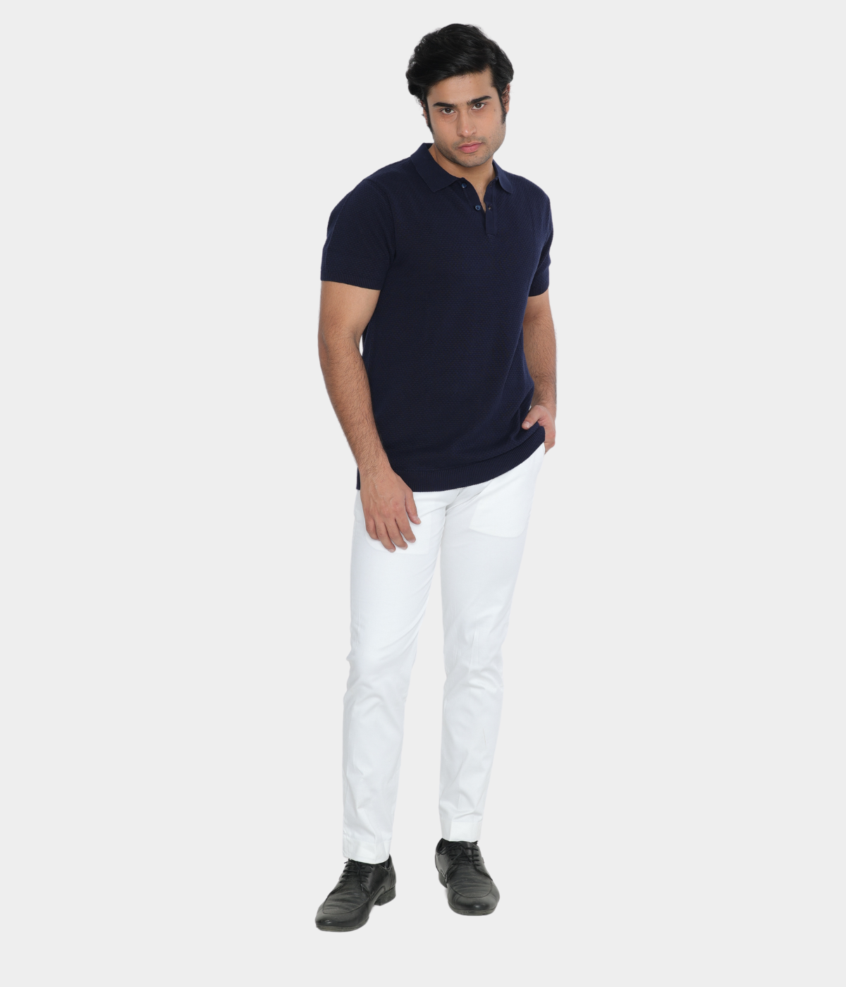 Navy Structured Cotton Polo Knitted T-Shirt