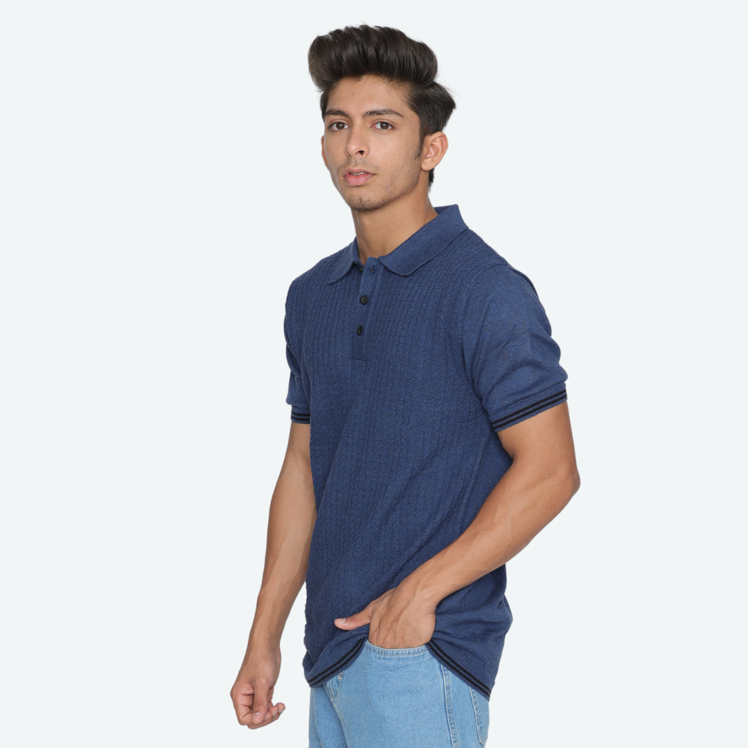 Navy Structured Cotton Polo Knitted T-Shirt