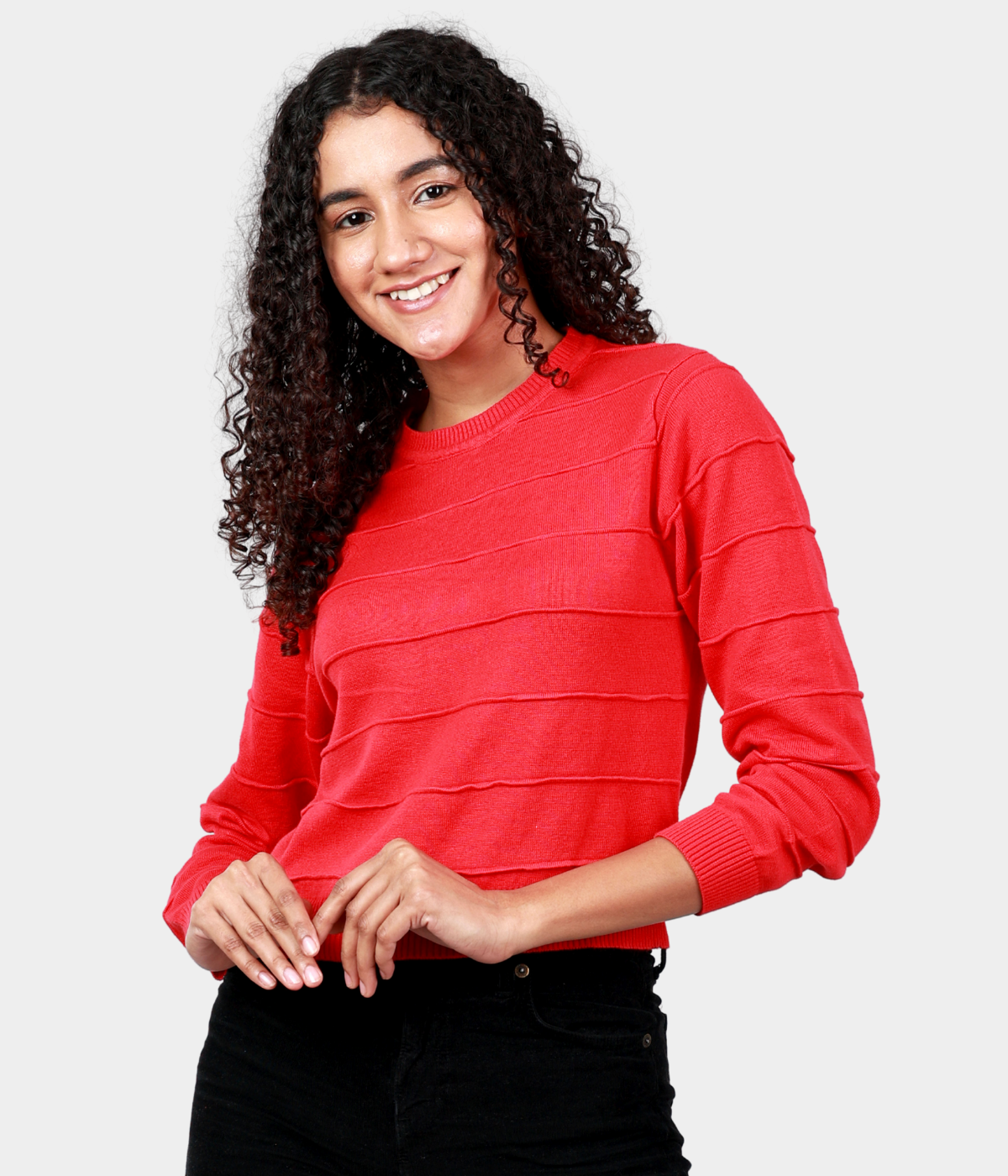 Red Round Neck 3/4 Sleeves Knitted Top