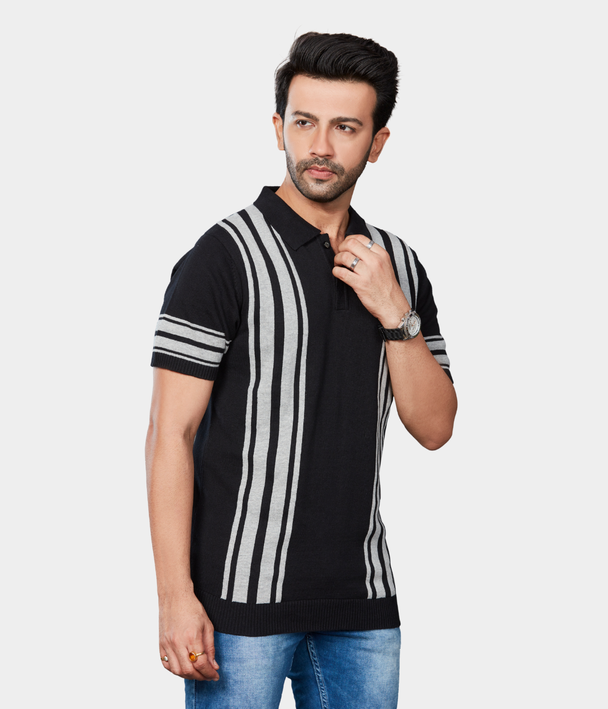 Black Striped Knitted T-Shirt – Bold, Breathable & Built to Stand Out