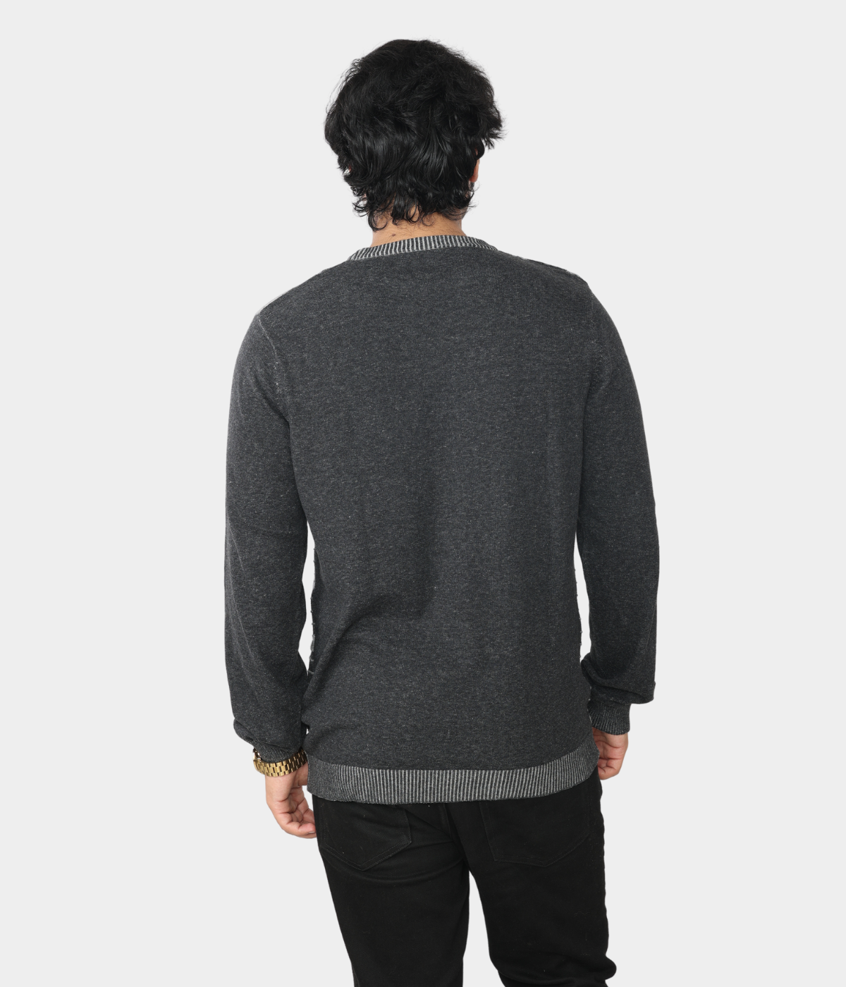 Charcoal grey denim finished jacquard knitted cotton T-Shirt