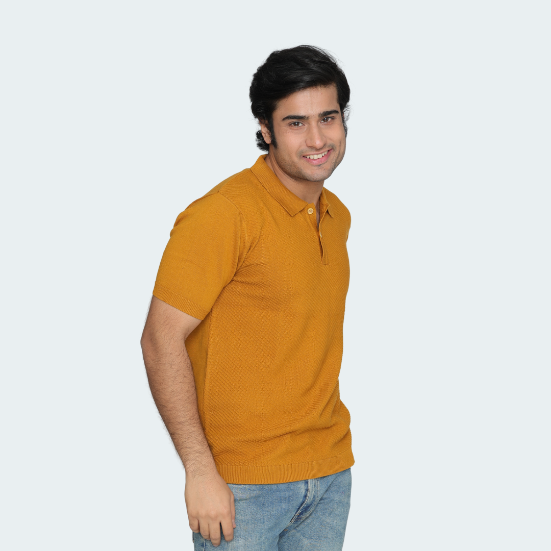Mustard Knitted Polo T-Shirt – Vibrant, Textured,