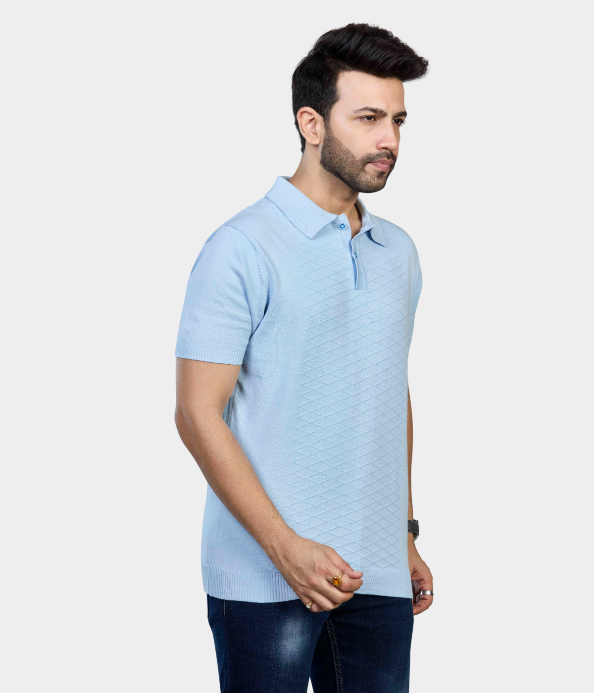 Sky Blue Textured Knitted Cotton Polo T-Shirt