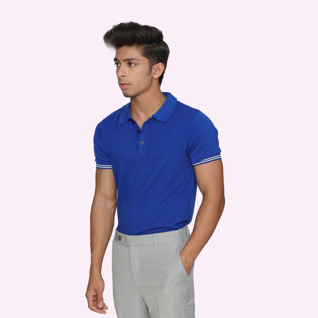 Blue Structured Cotton Knitted Polo T-Shirt