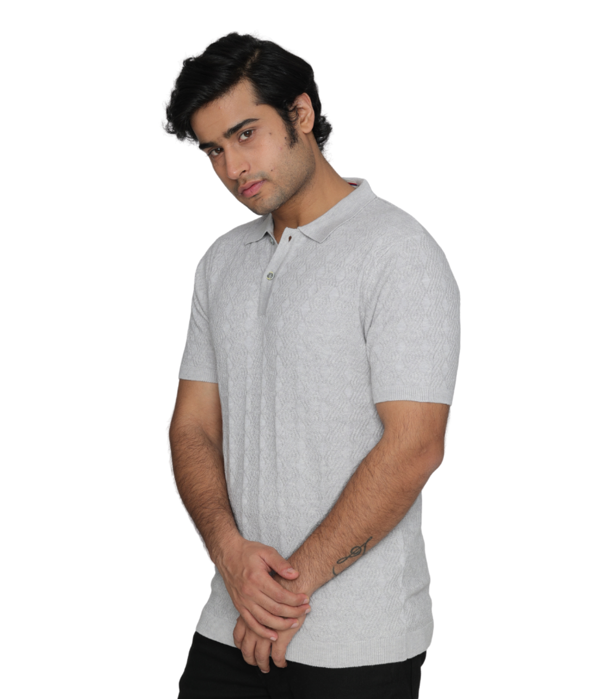 Grey Structured Cotton Polo Knitted T-Shirt