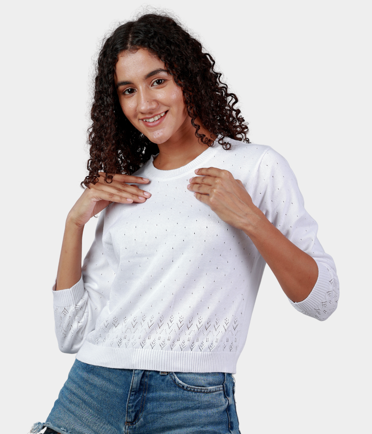 Off-White Pointelle 3/4 Sleeves Knitted