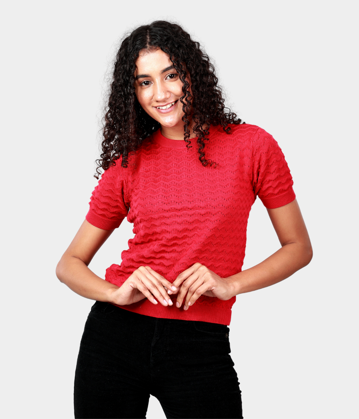 Red Pointelle Half Sleeves Knitted Top