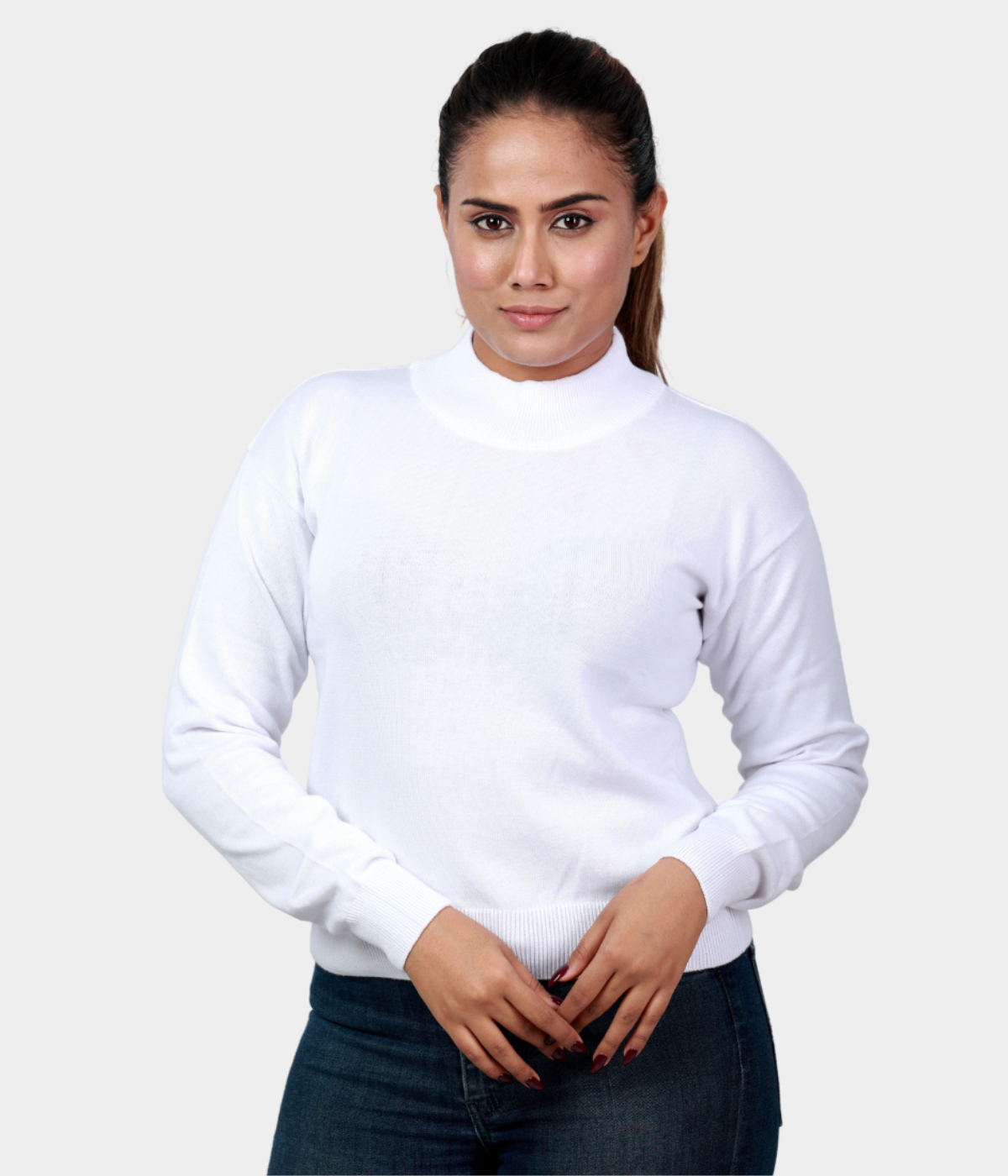 White High Neck Full Sleeves Knitted Top