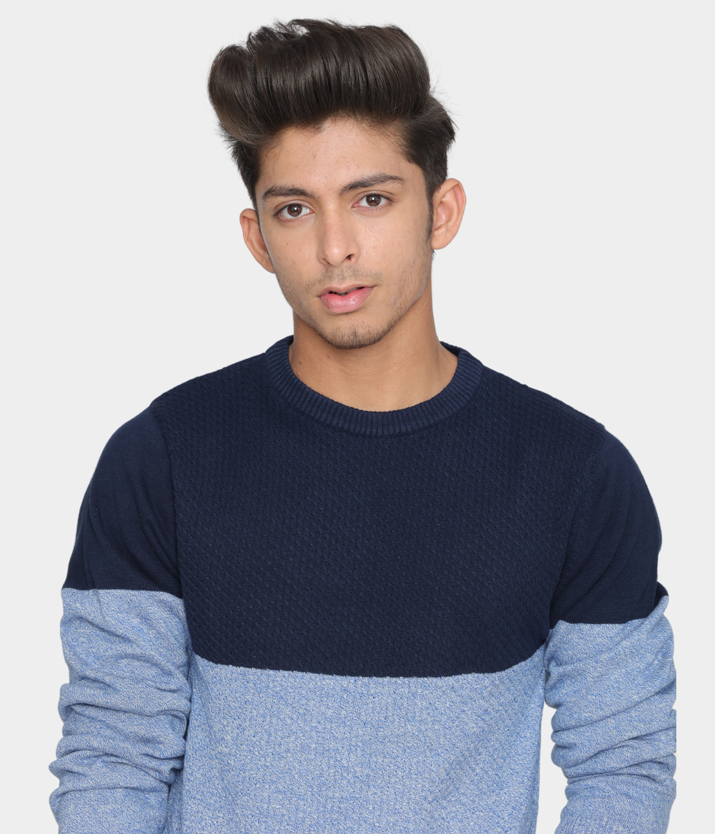 Navy light blue structured cotton knitted T-Shirt