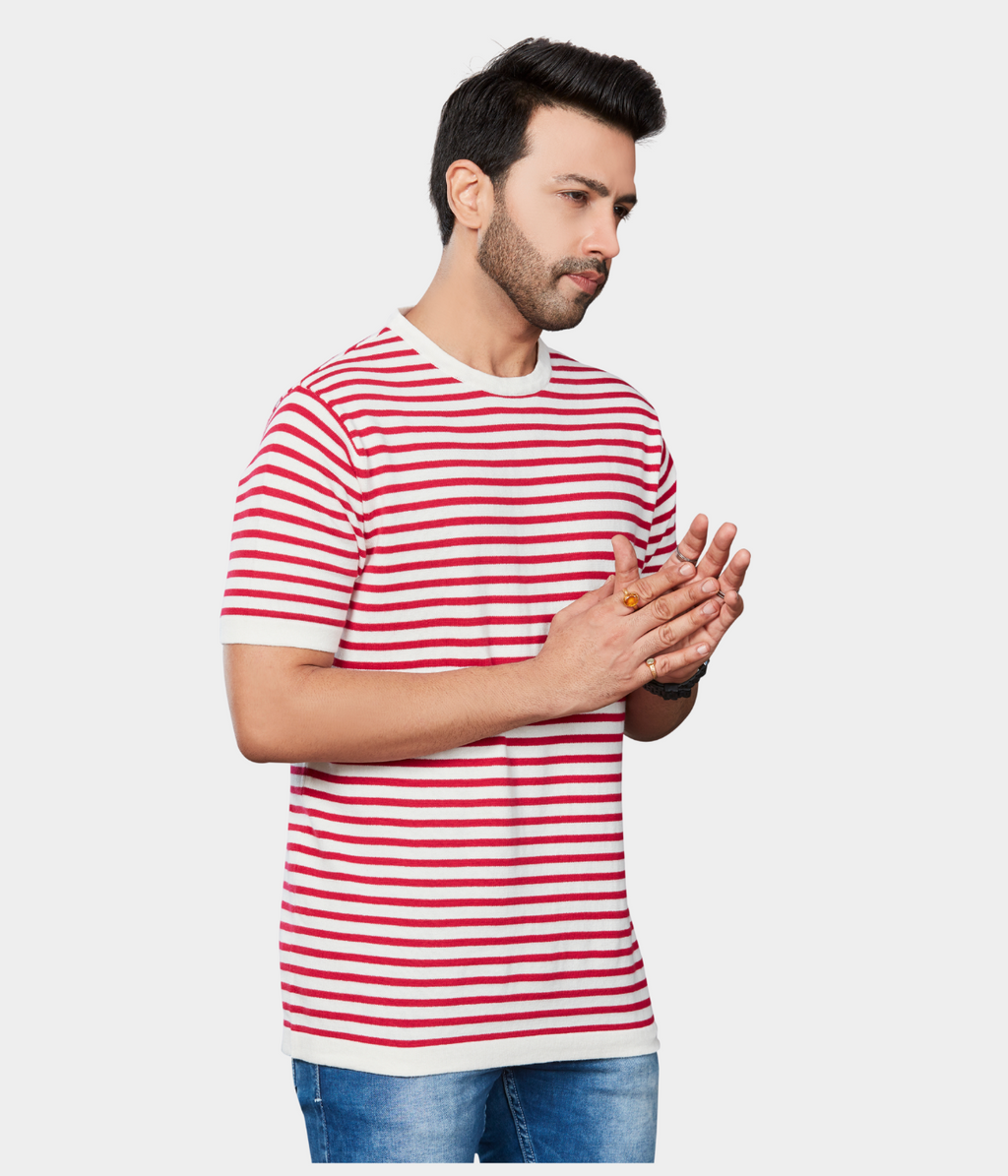 Off-White Round Neck Knitted T-Shirt with Rani Stripes