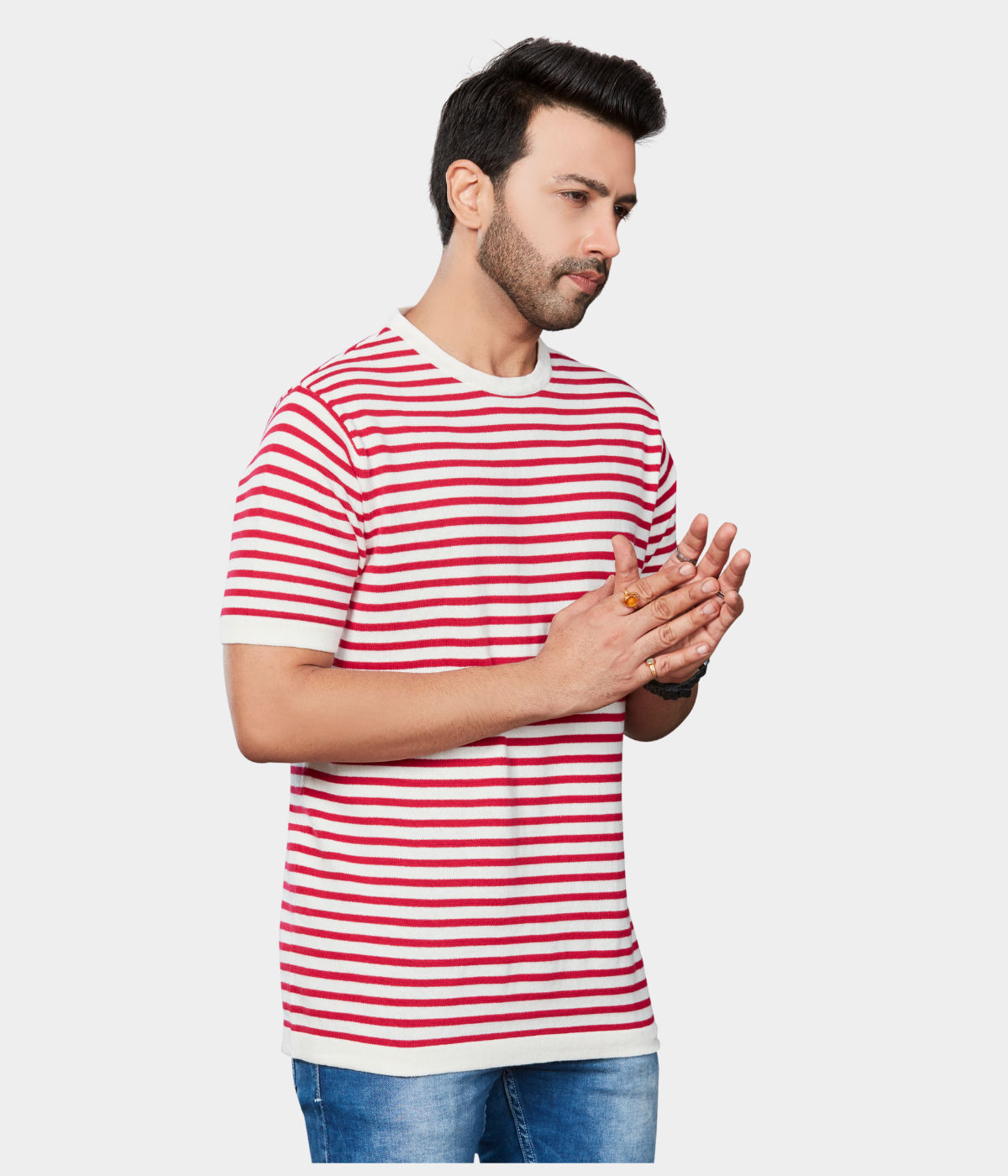 Off-White Round Neck Knitted T-Shirt with Rani Stripes