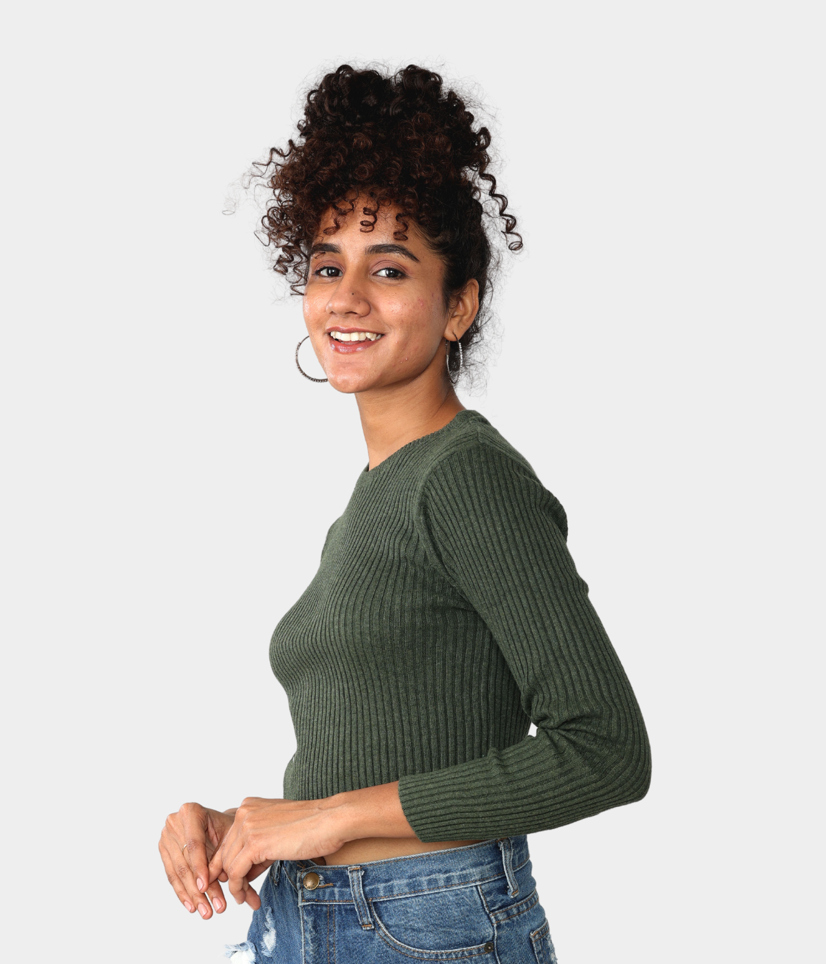 Olive Ribbed Full Sleeves Knitted T-Shirt