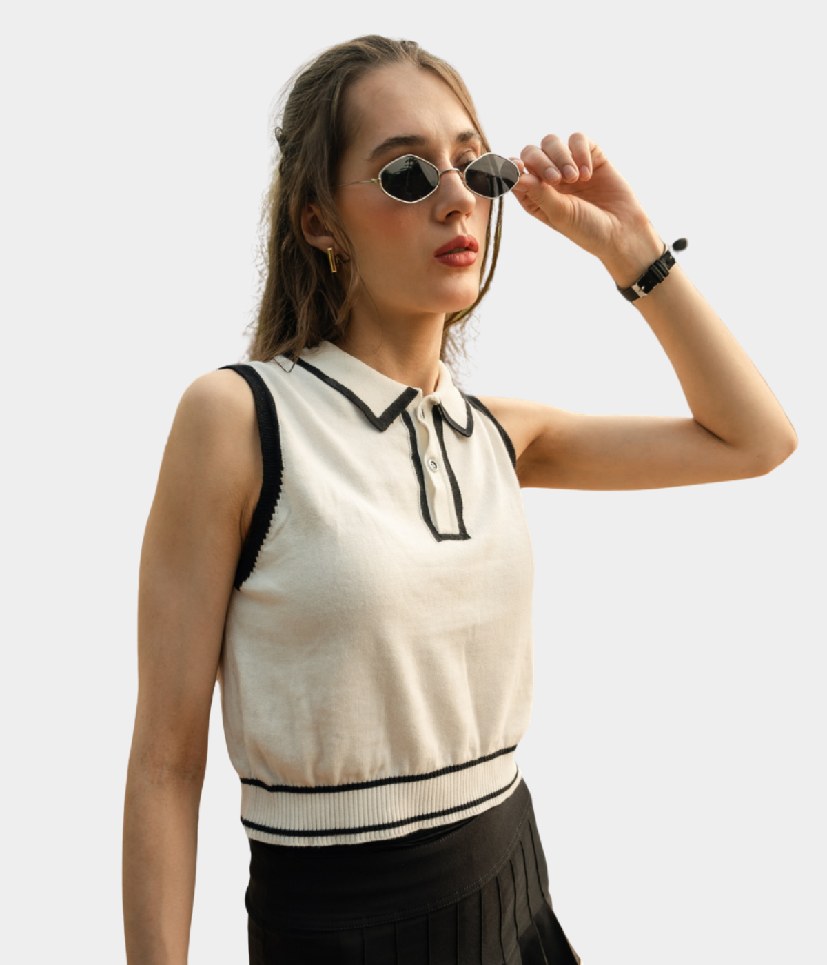Off-White Sleeveless Polo Knitted Top