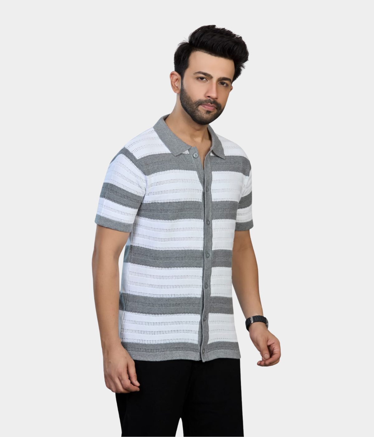 White & Grey Pointelle Knitted Shirt