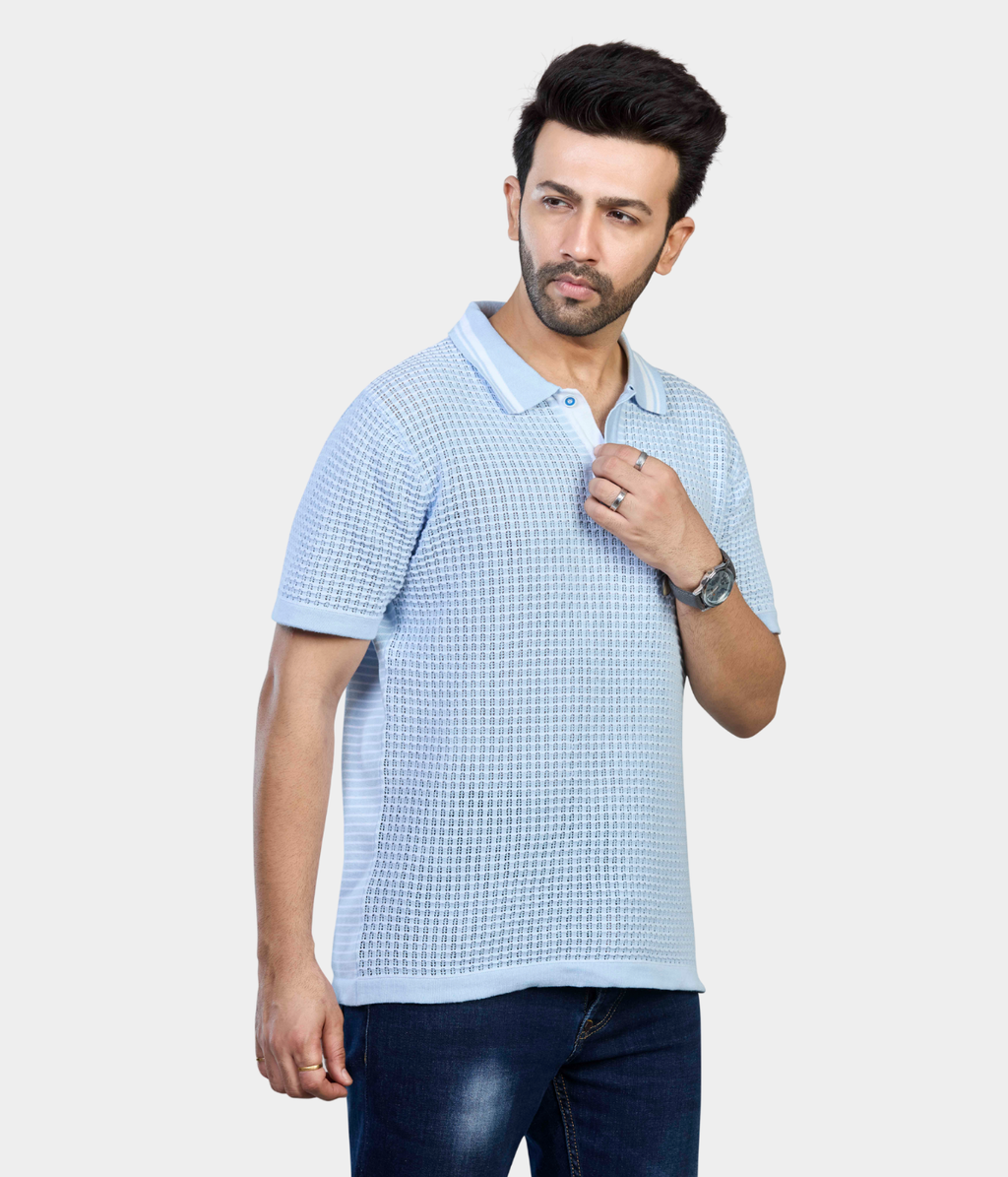 Blue & White Pointelle Knitted Polo T-Shirt