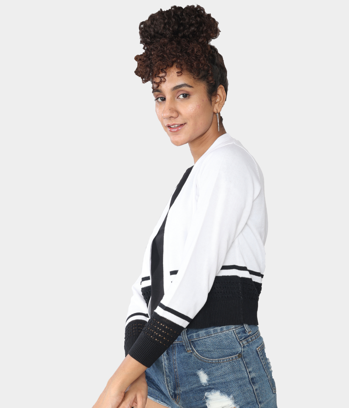 White with Black Pointelle Bottom Knitted Shrug