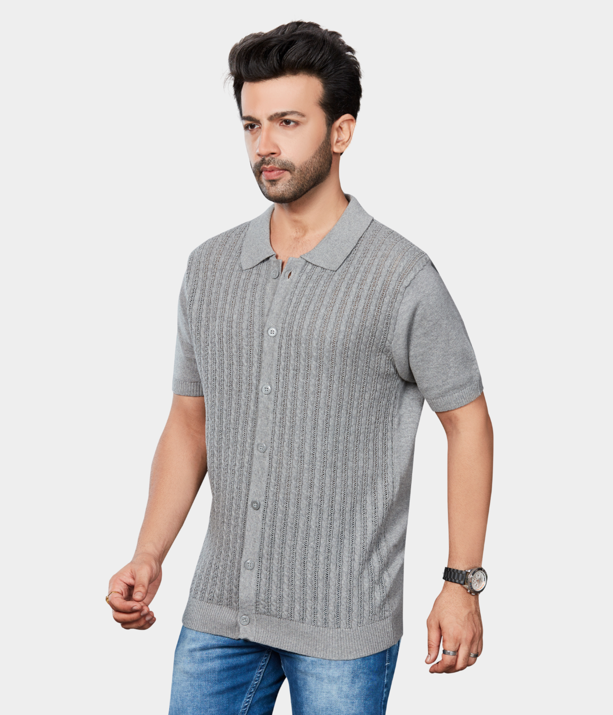 Grey Pointelle Knitted Cotton Shirt