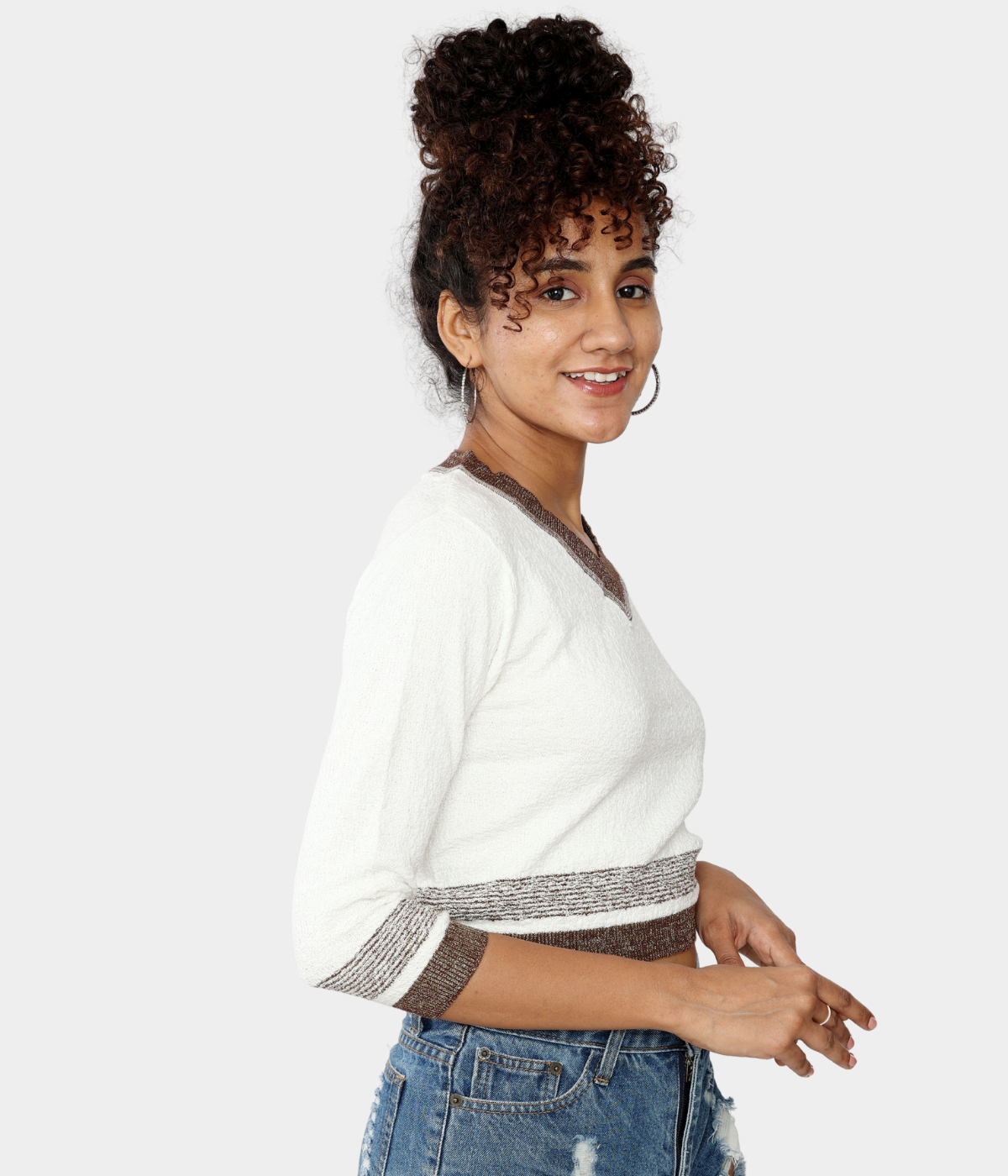 Off-White V-Neck Three-Fourth Sleeves Crop Top