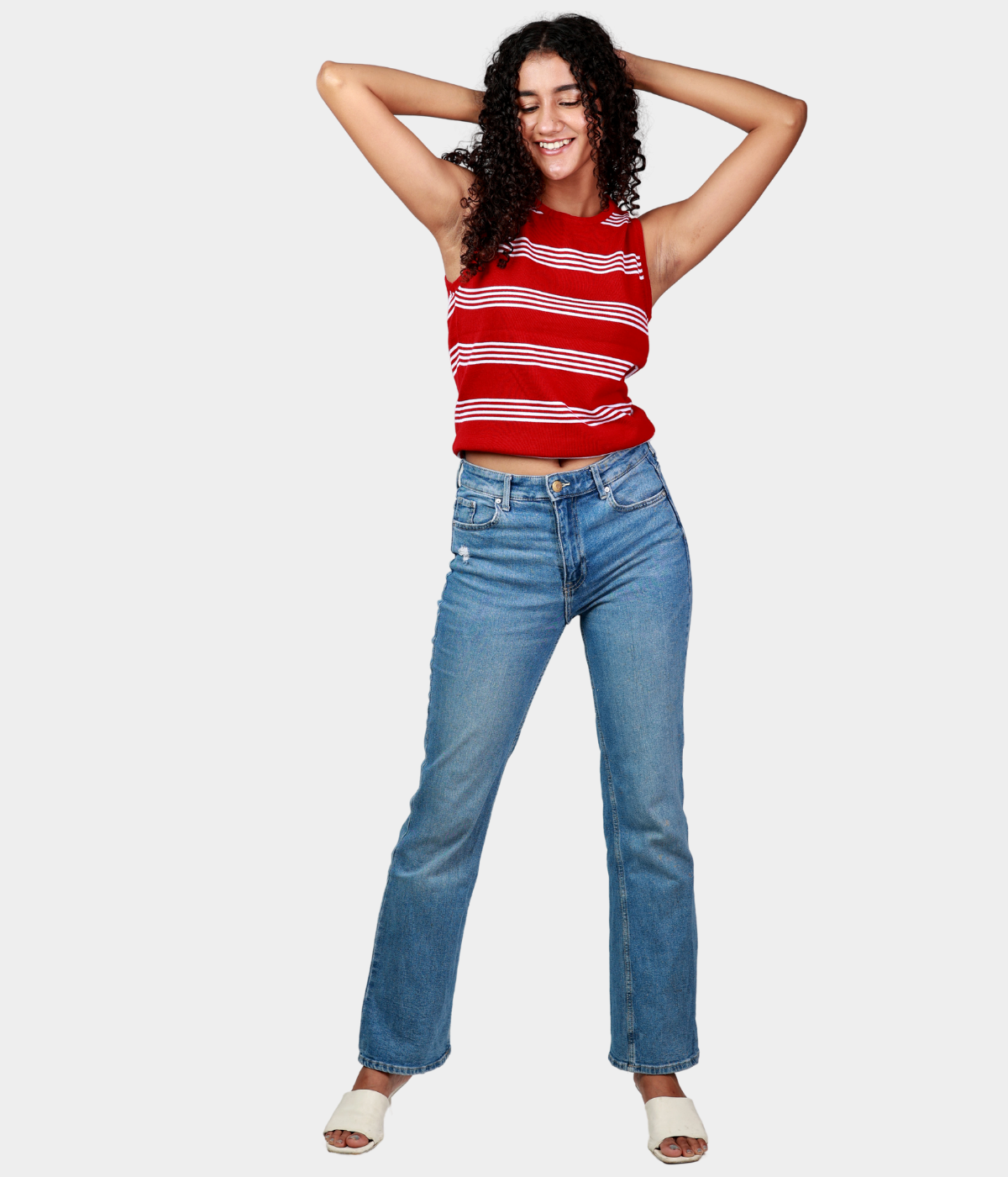 Red with White Stripes Round Neck Sleeveless Knitted