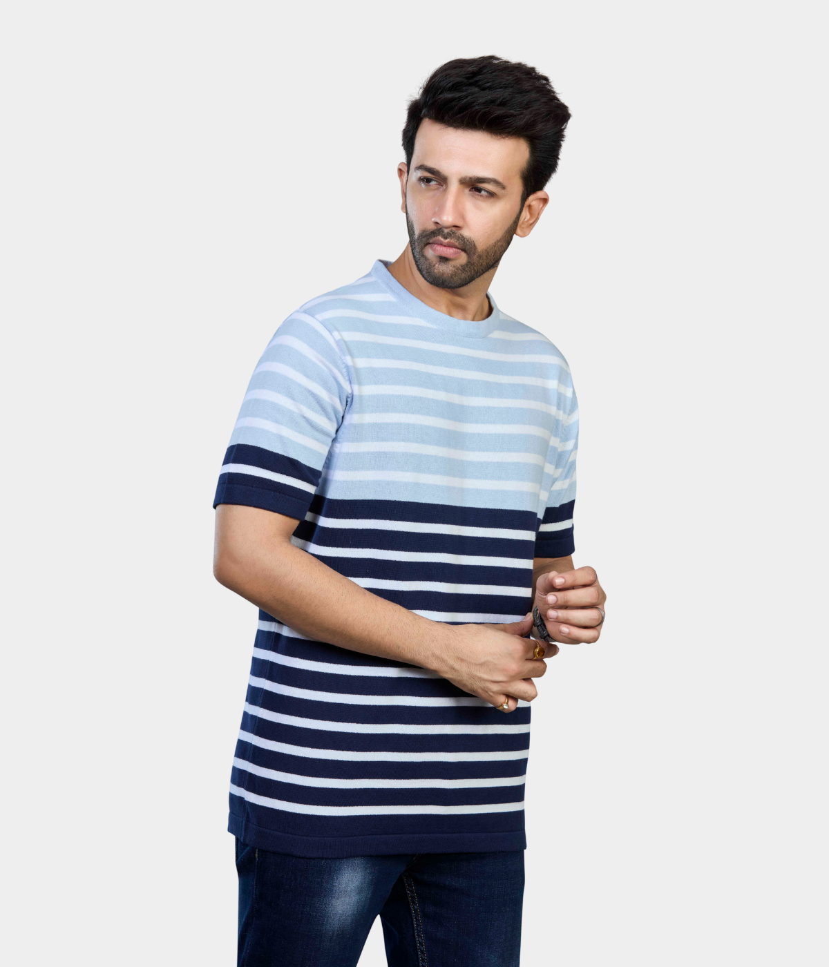 Light Blue & Navy Striped Knitted T-Shirt