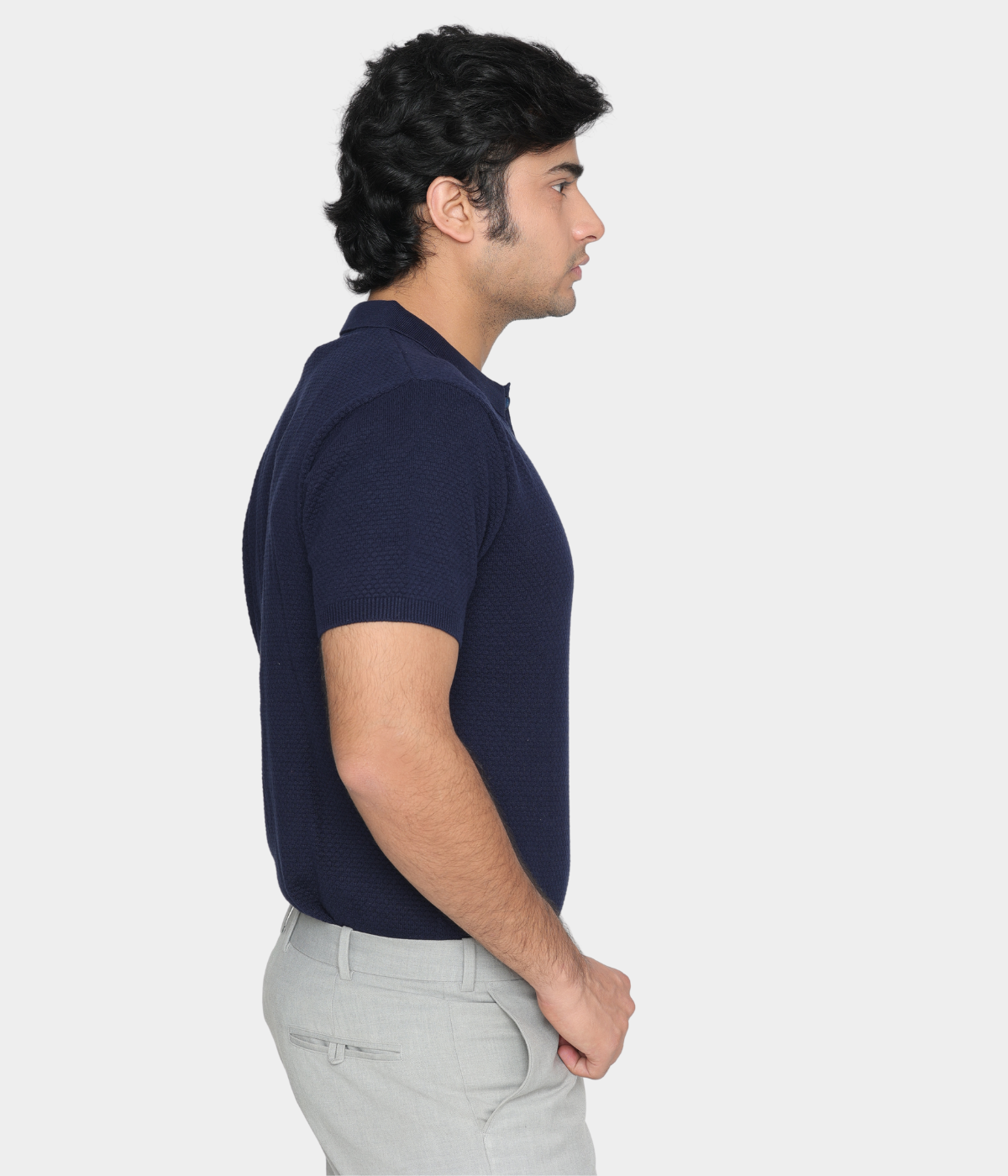 Navy Structured Cotton Polo Knitted T-Shirt