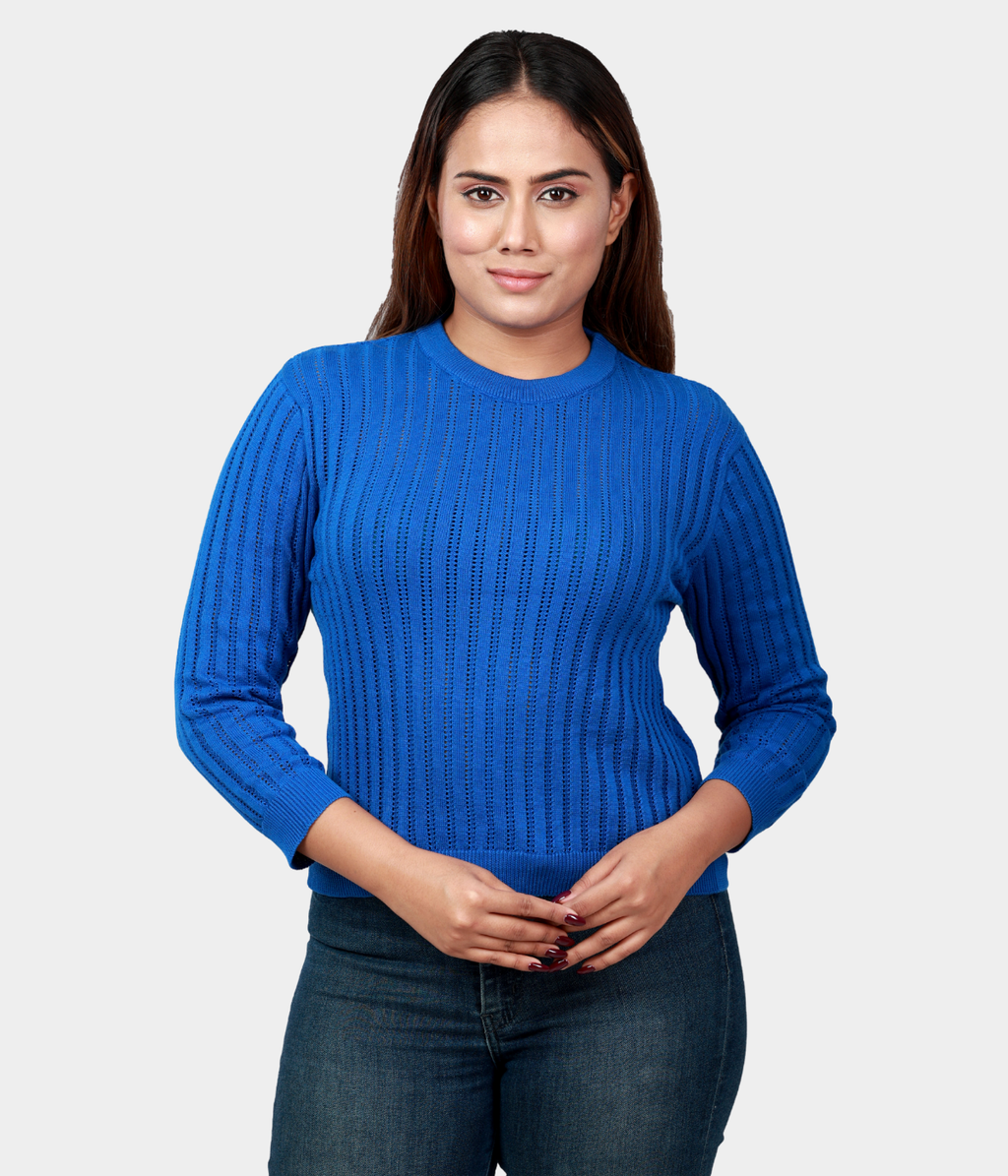 Blue Round Neck Pointelle Structured 3/4 Sleeves  Crop Top