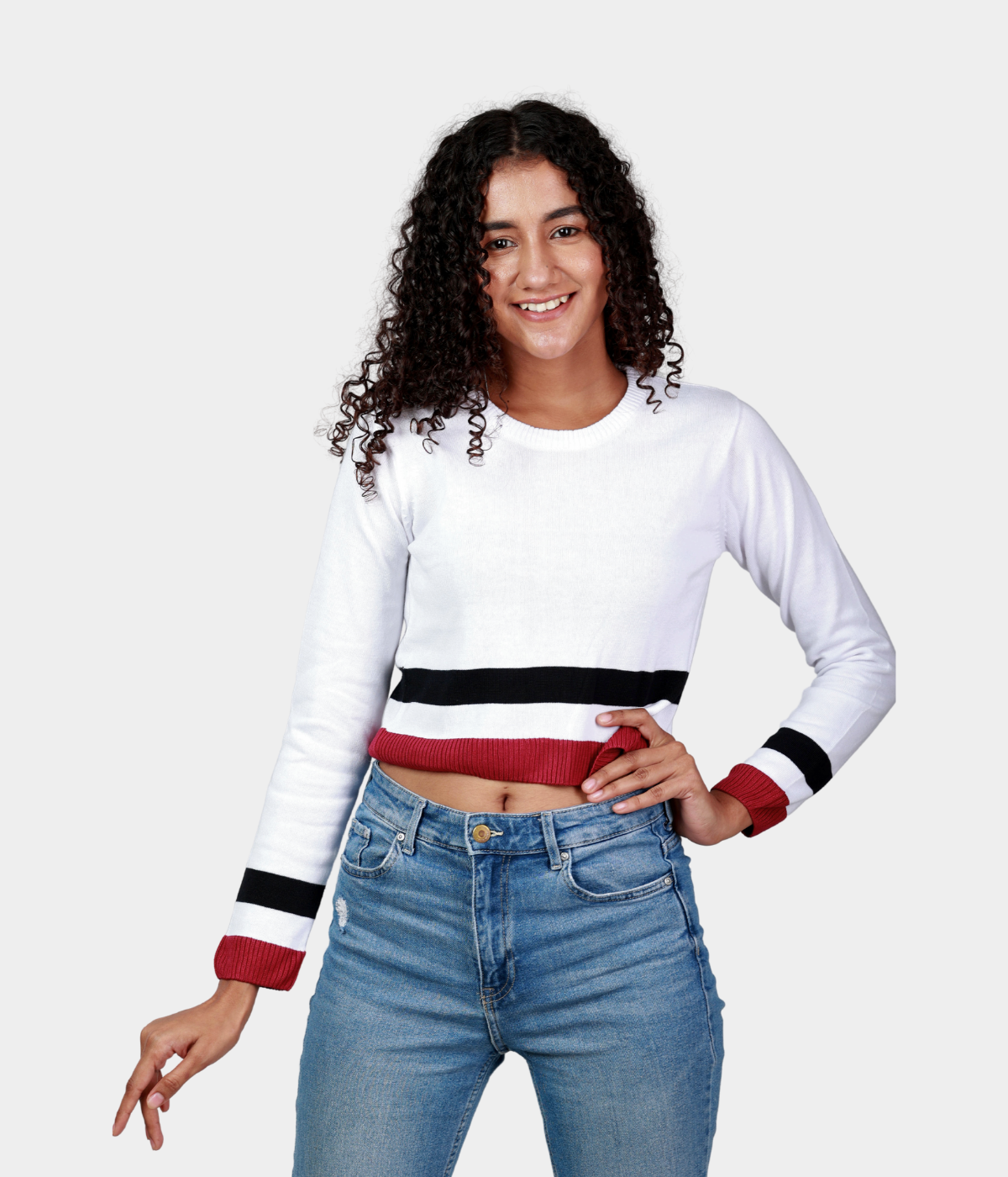 White Striped Structured Full Sleeves Knitted Top