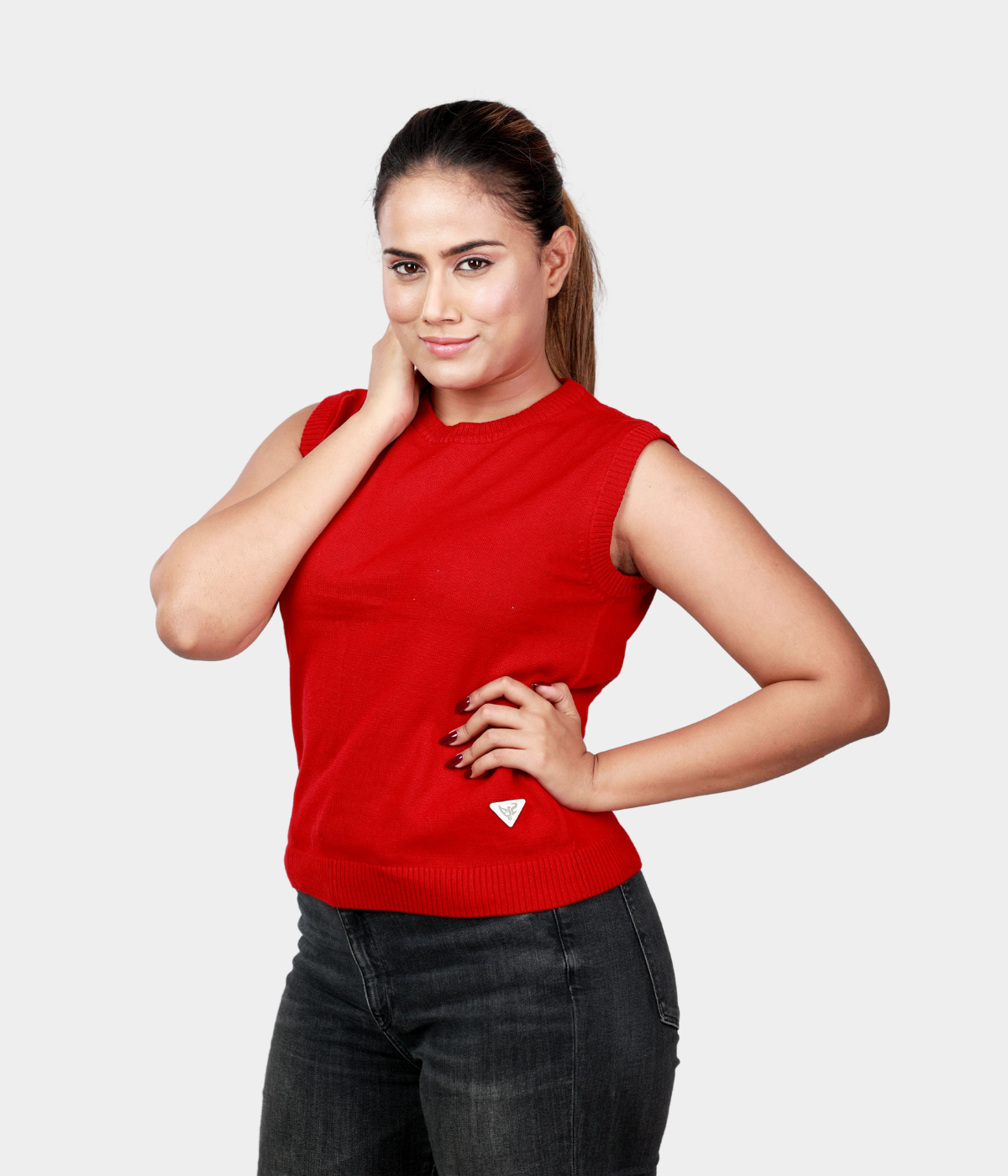 Maroon Round Neck Sleeveless Knitted TOP