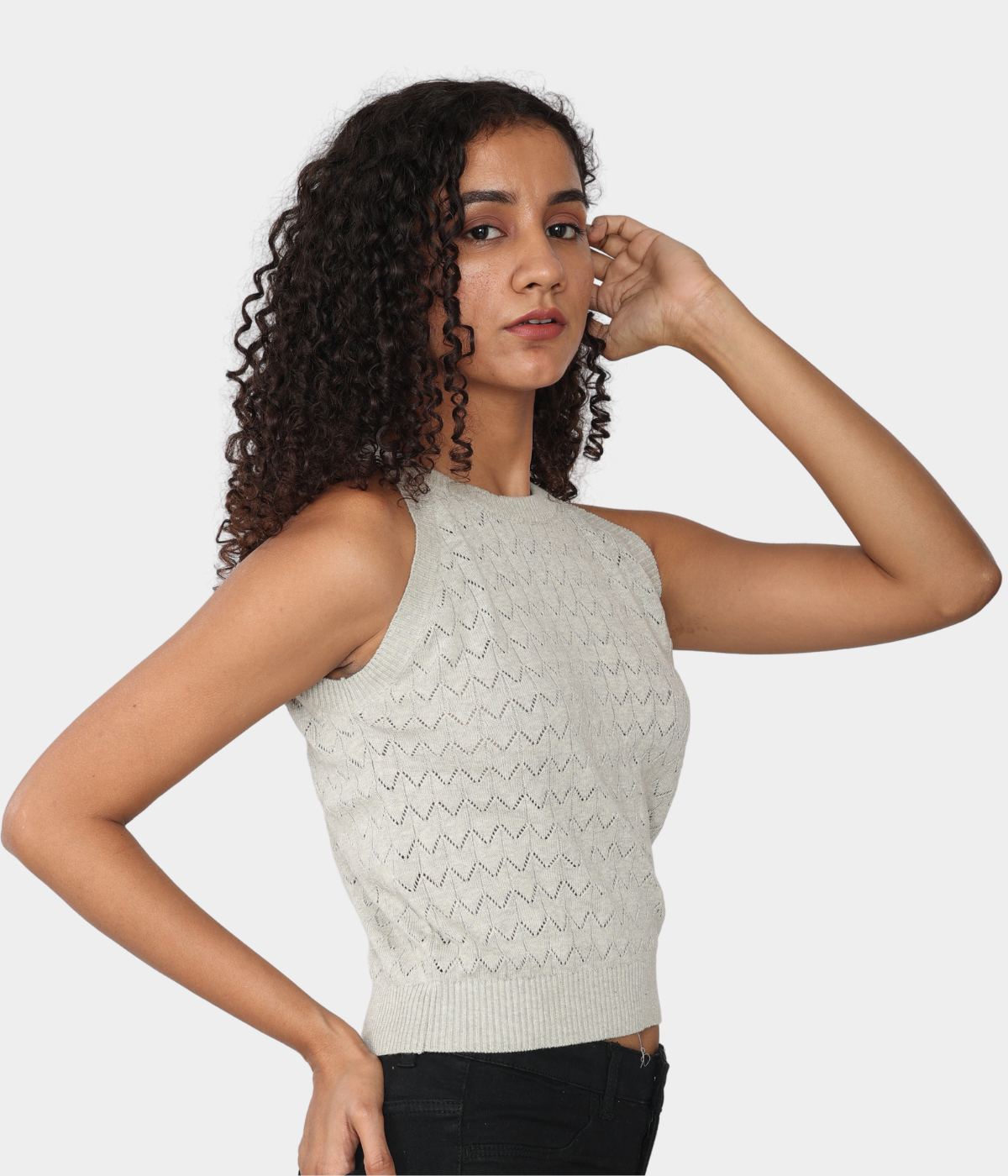 Grey Pointelle Knitted Tank Top