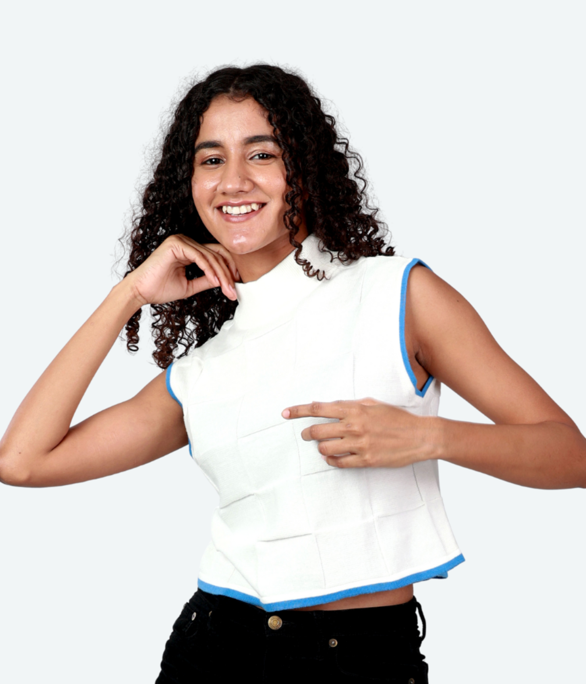 White with Light Blue Tipping High Neck Sleeveless Knitted