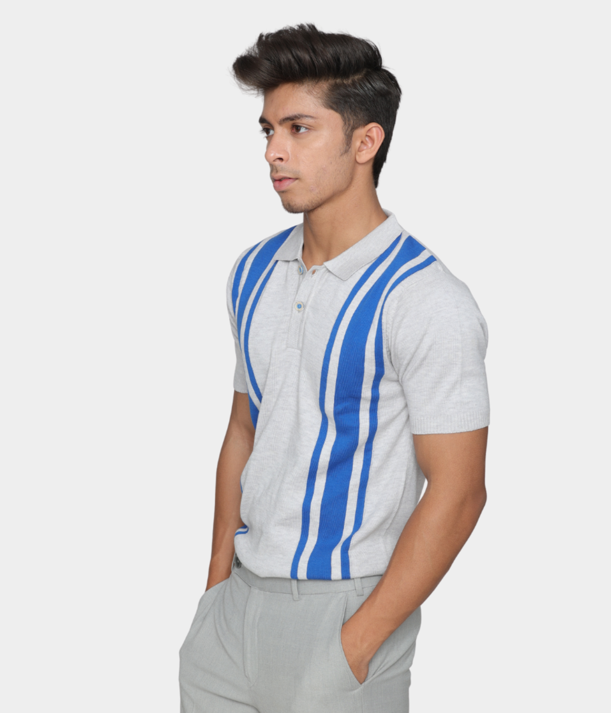 Grey/Blue Structured Cotton Knitted Polo T-Shirt