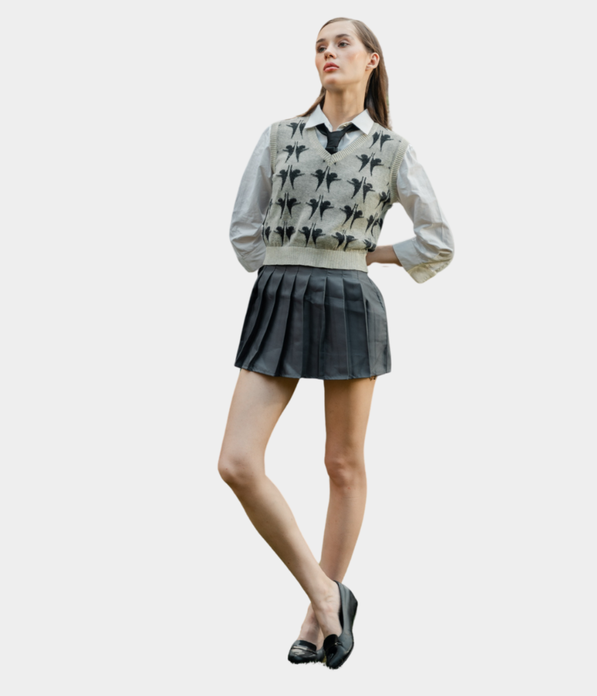 Grey with Black Structured V-Neck Sleeveless Knitted