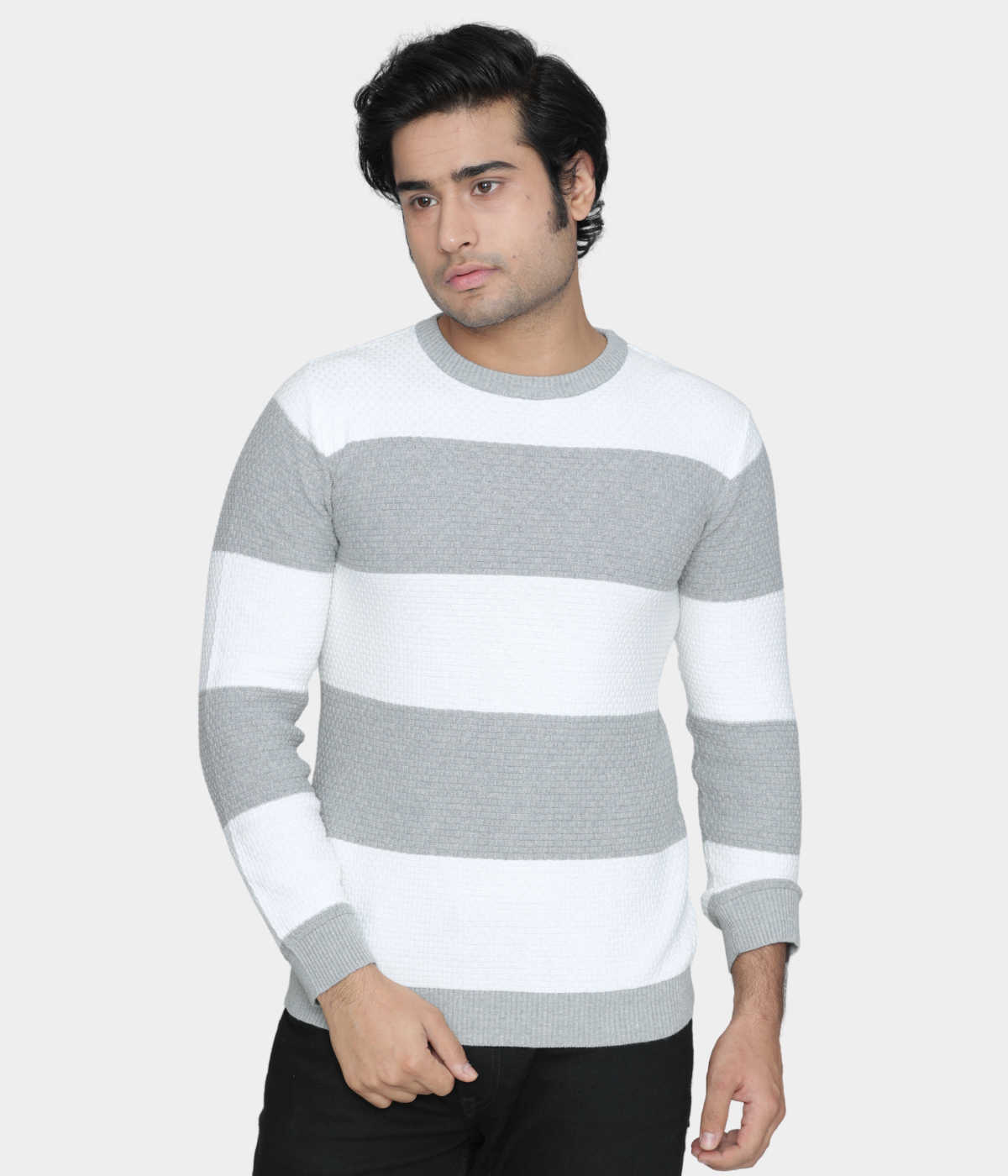 White and Grey Striped Knitted Cotton T shirt