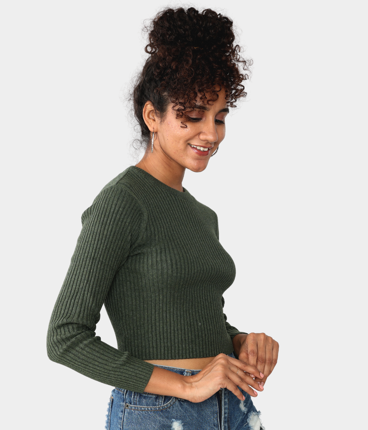 Olive Ribbed Full Sleeves Knitted T-Shirt