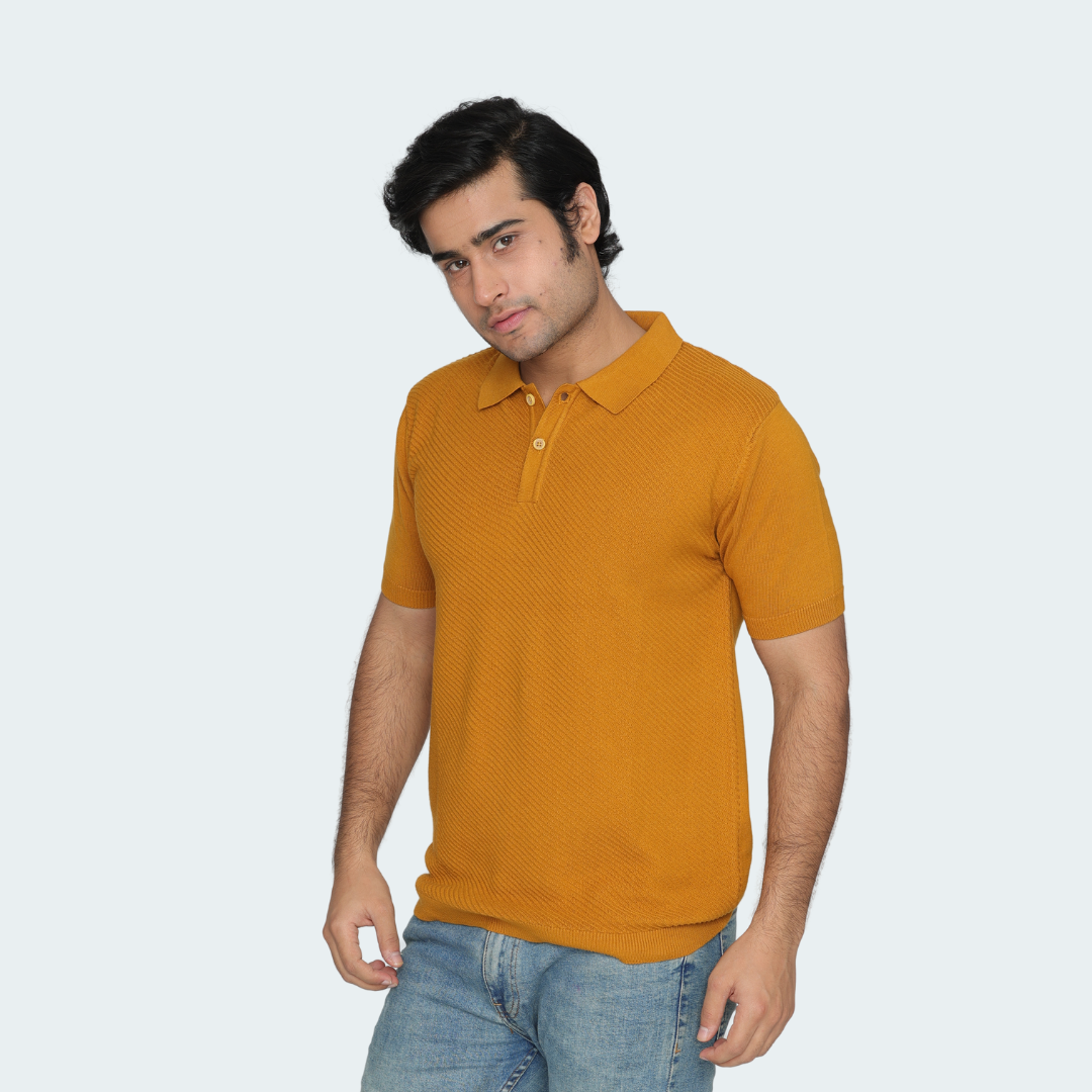 Mustard Knitted Polo T-Shirt – Vibrant, Textured,