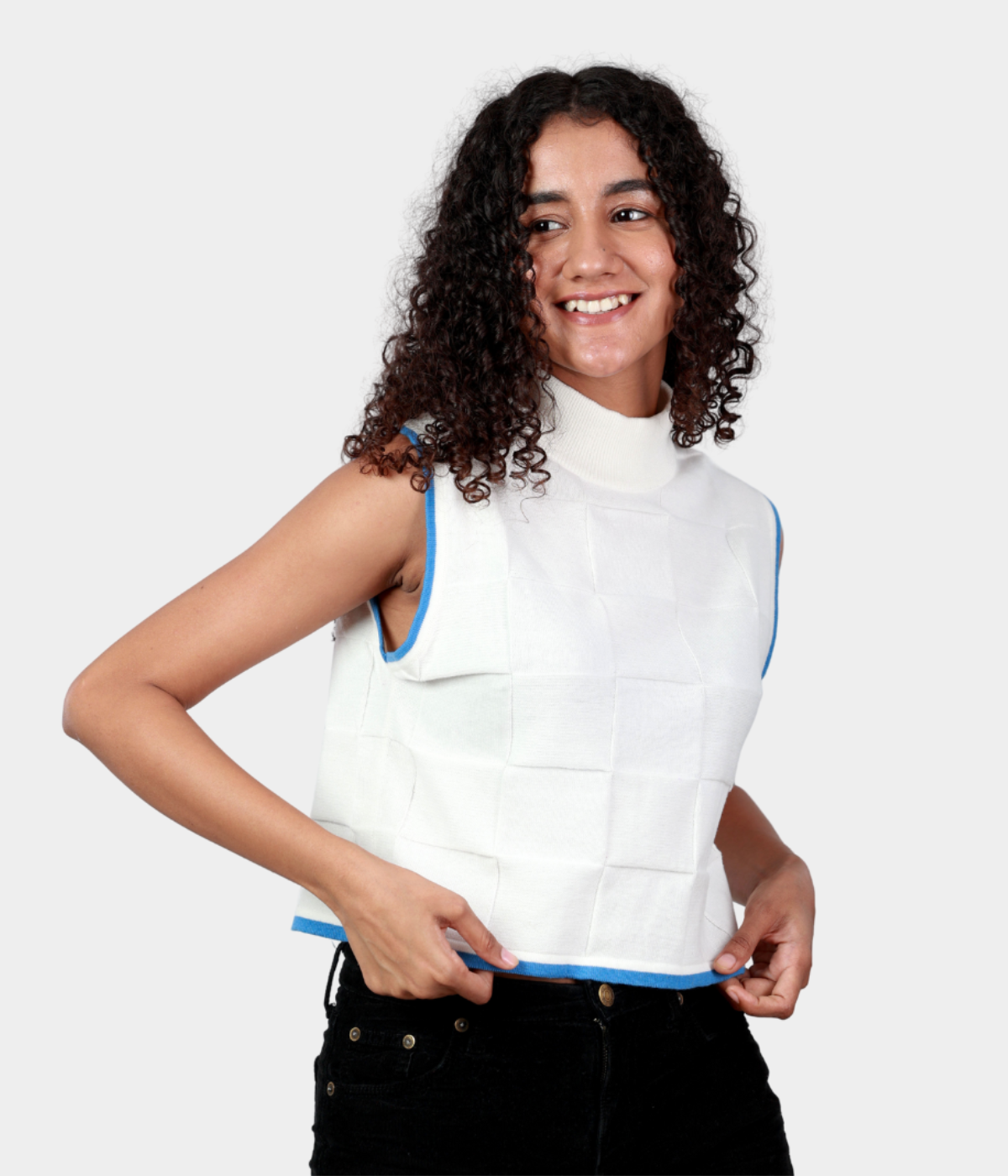 White with Light Blue Tipping High Neck Sleeveless Knitted