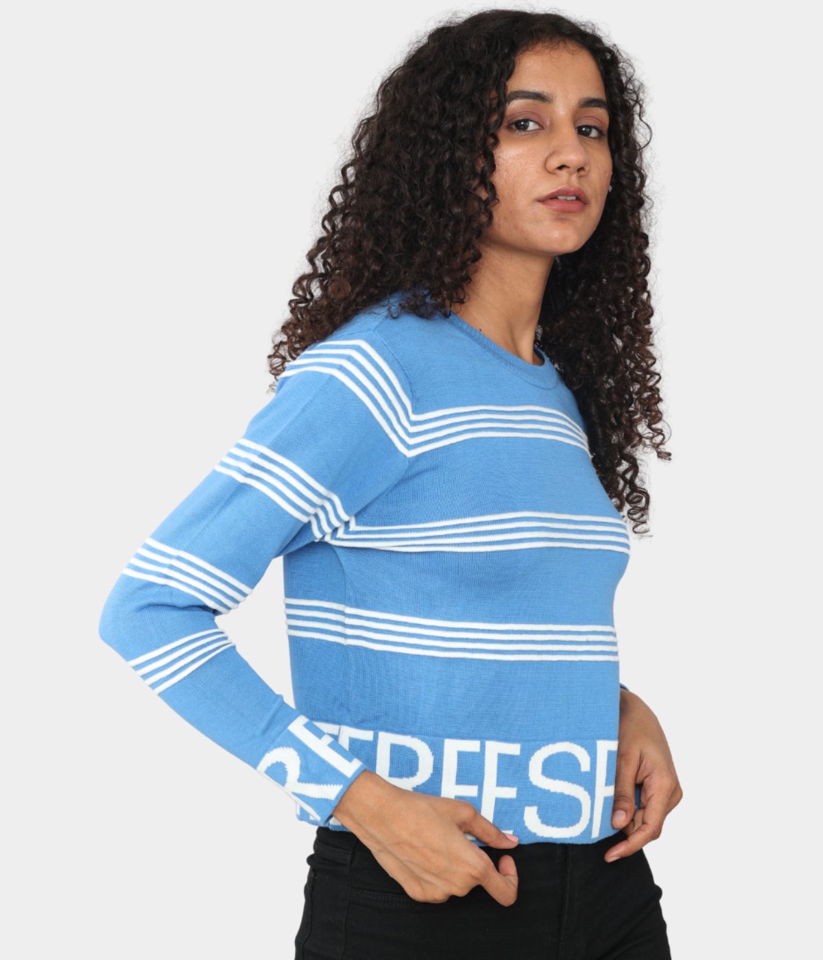 Blue Structured Full Sleeves Knitted Top