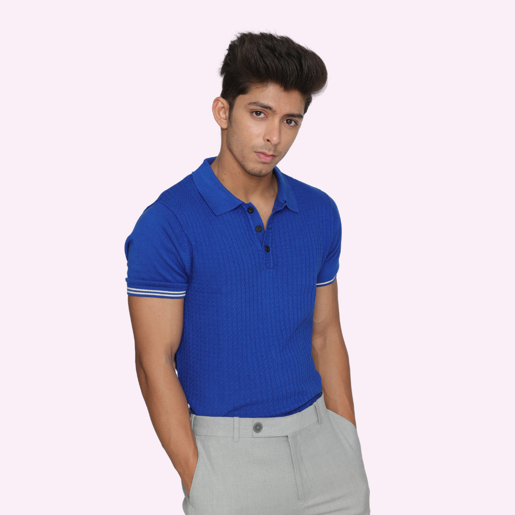 Blue Structured Cotton Knitted Polo T-Shirt