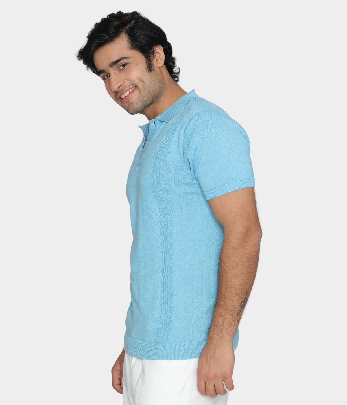 Sky Blue Structured Cotton Polo Knitted T-Shirt