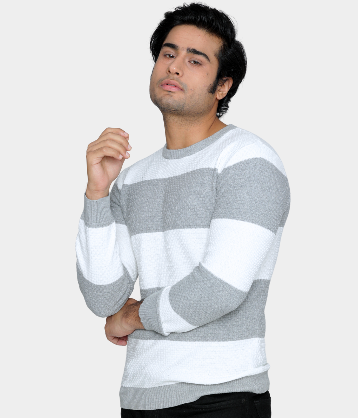White and Grey Striped Knitted Cotton T shirt
